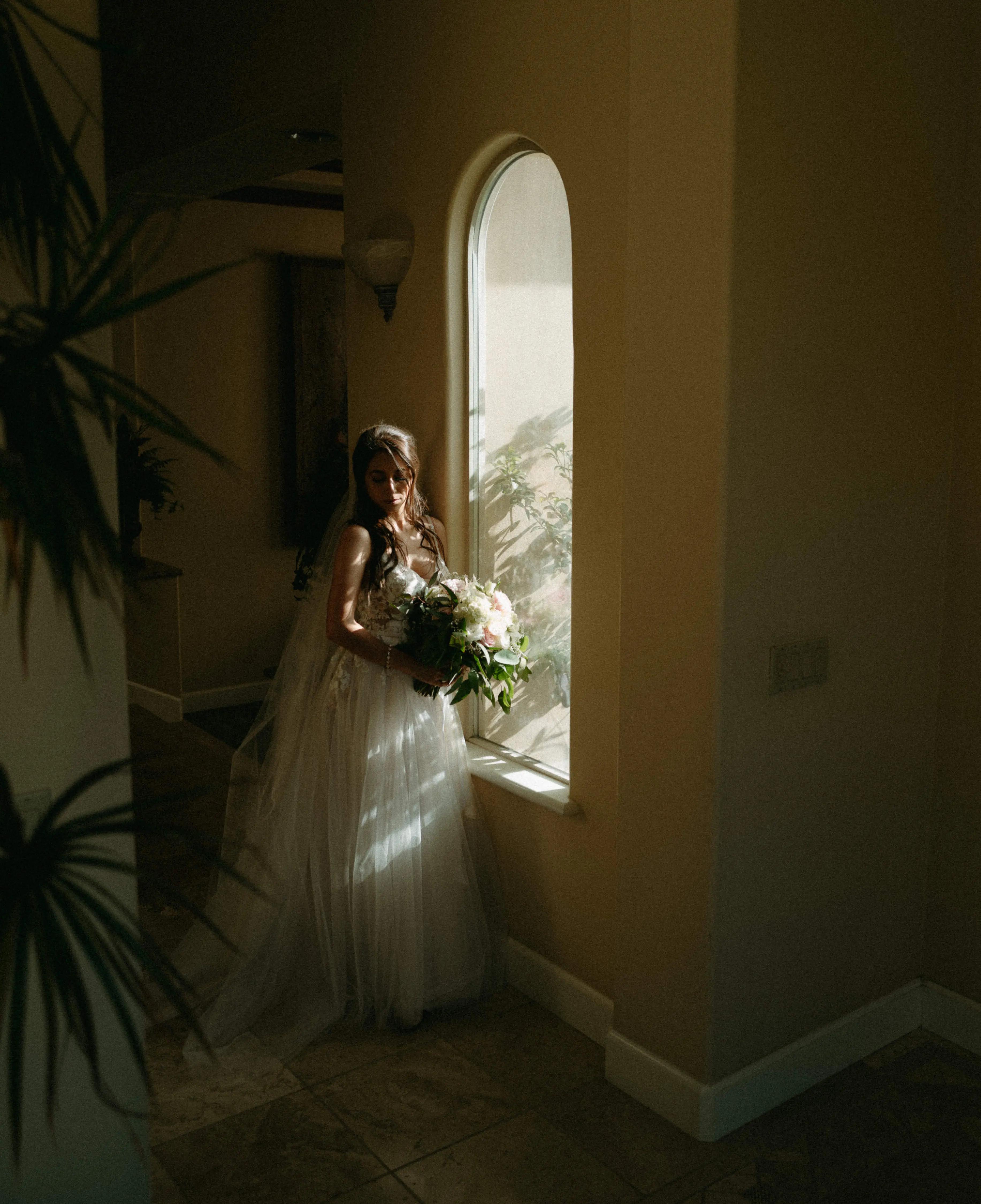 Bride in Magical A-Line Wedding Dress with Textured Illusion Motifs Called Minerva by Rebecca Ingram