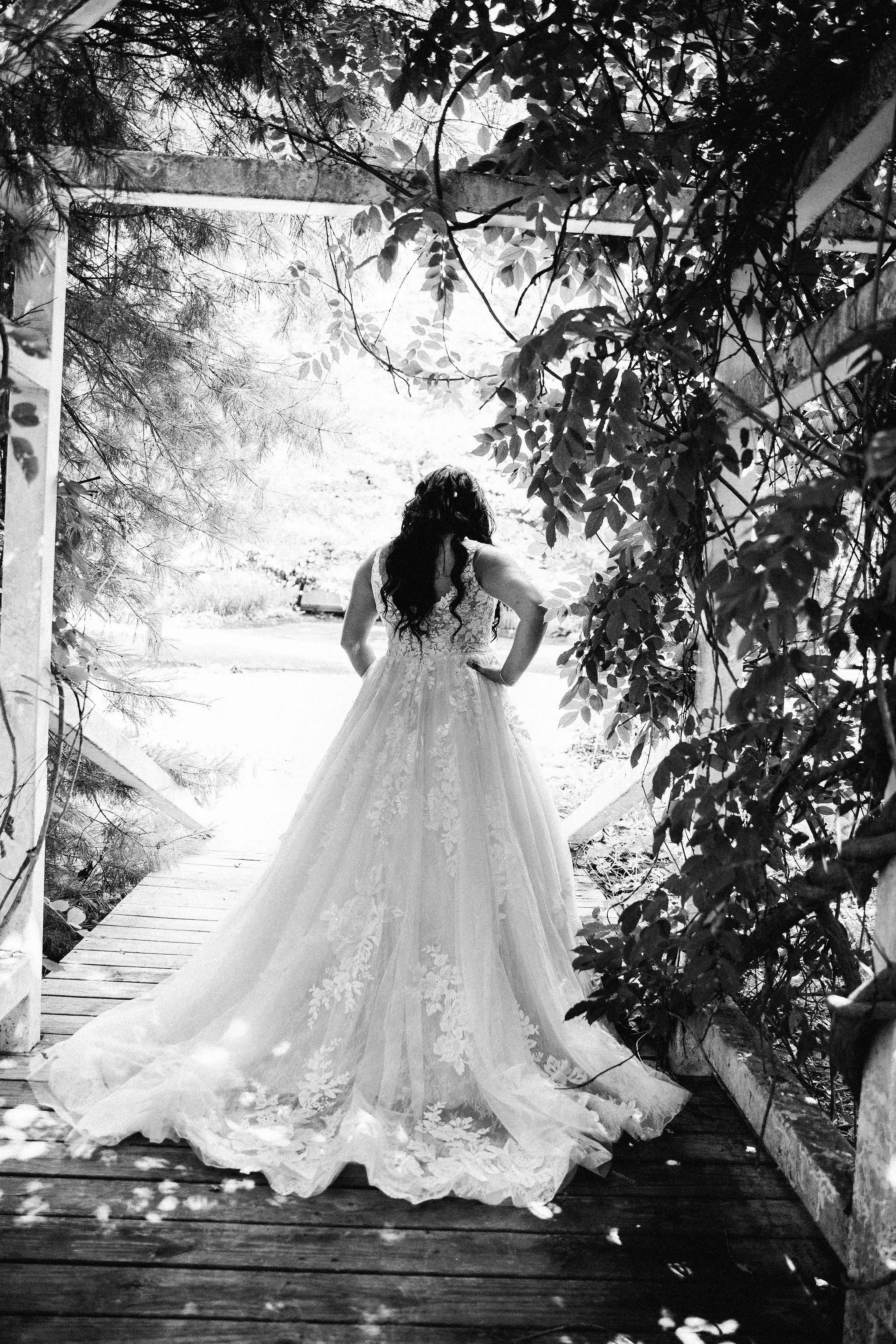 Back view of bride wearing wedding dress called Valona.