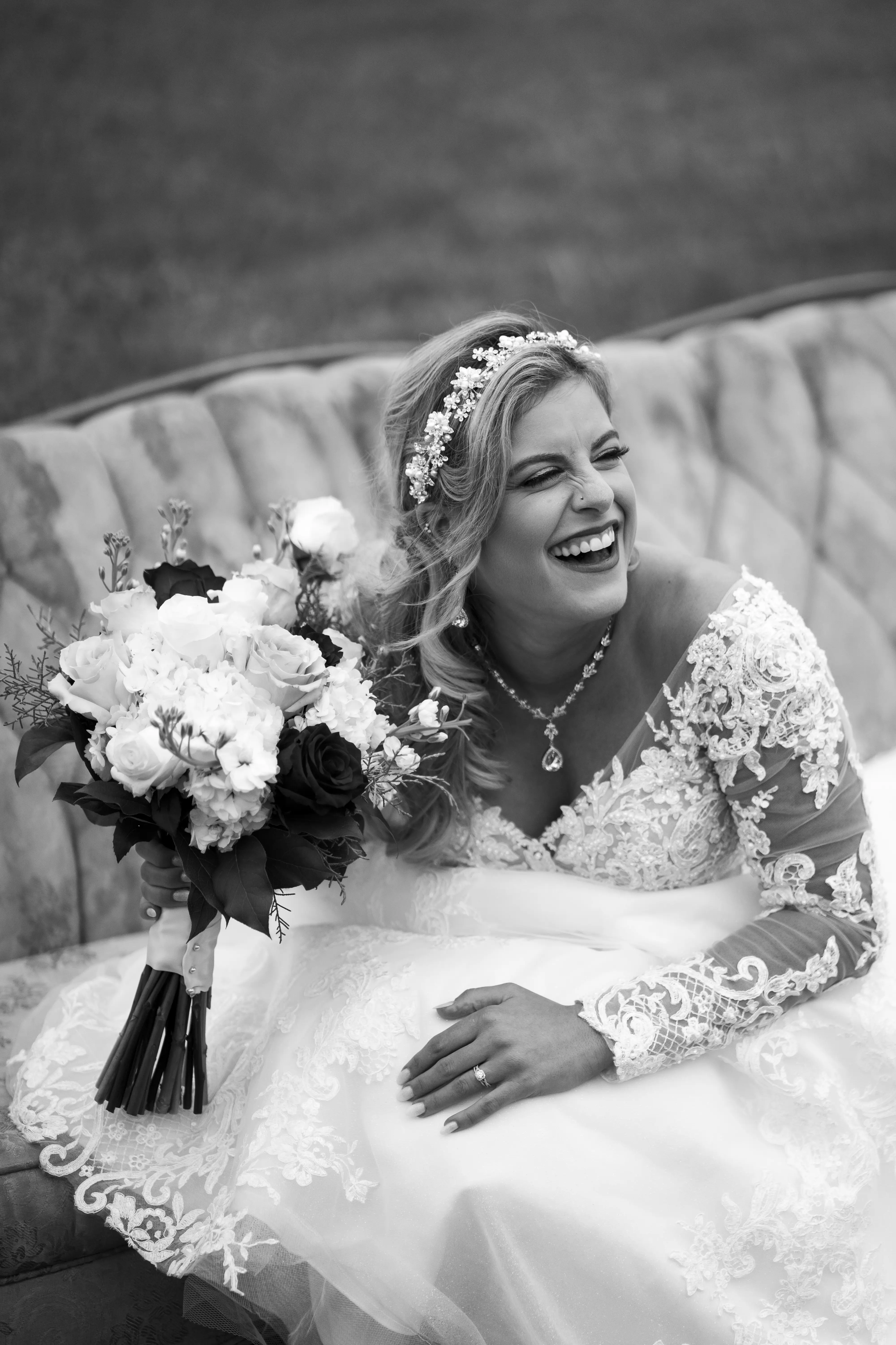 Bride In Off The Shoulder Lace Wedding Dress Called Tiffany By Maggie Sottero