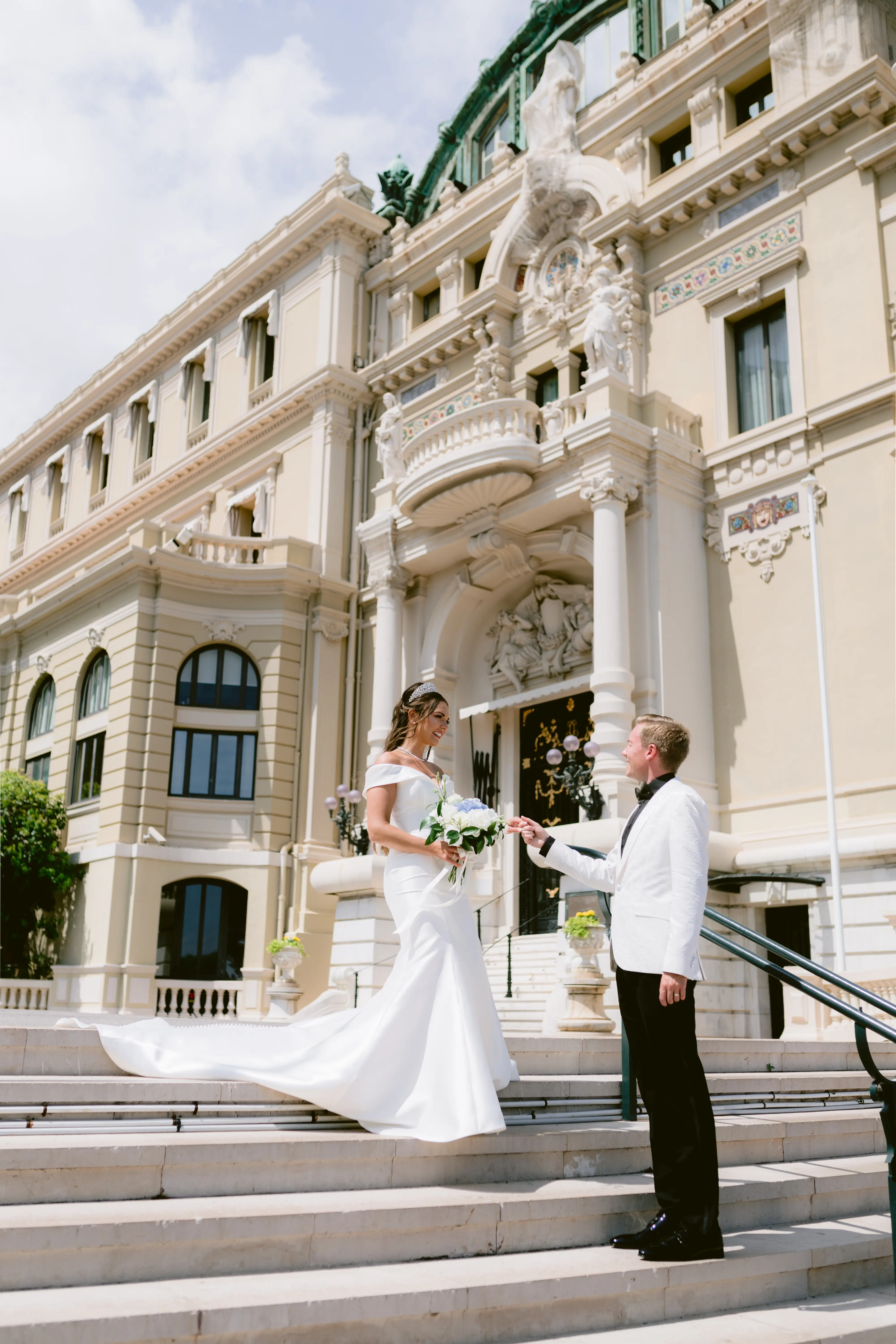 Groom With Bride Wearing Simple Off The Shoulder Fit And Flare Wedding Dress Josie By Rebecca Ingram