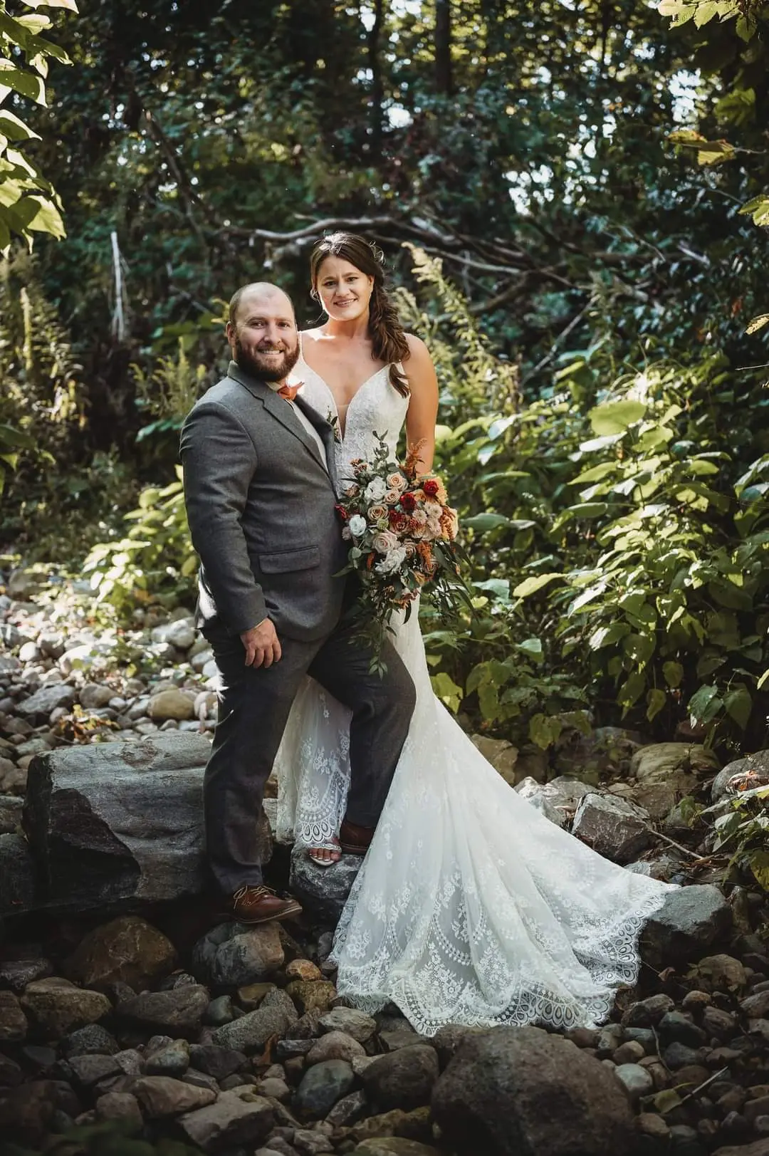 Groom With Bride Wearing Unique Boho A-Line Wedding Dress Keating By Rebecca Ingram