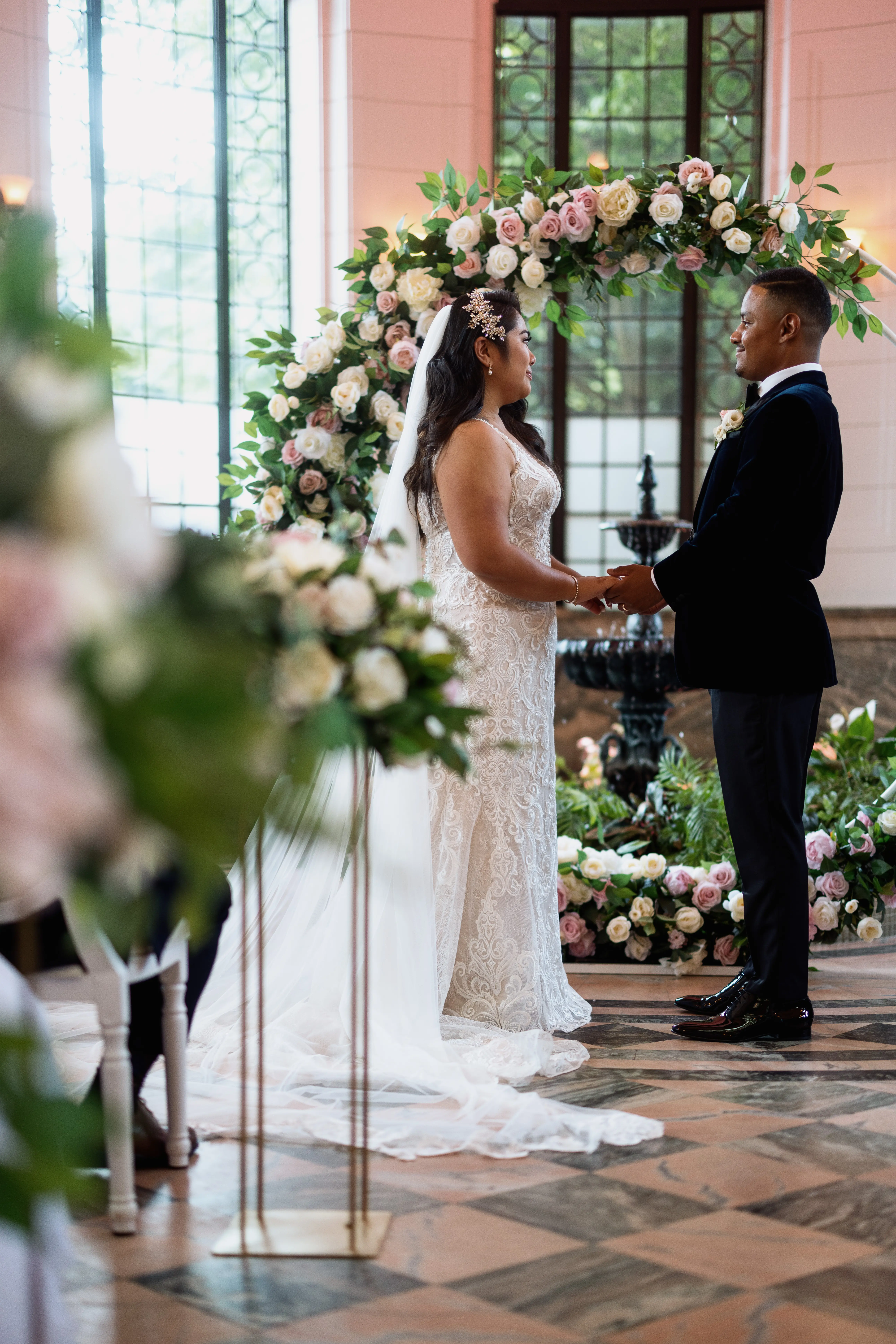 Bride Wearing Floral Fit-And-Flare Wedding Dress