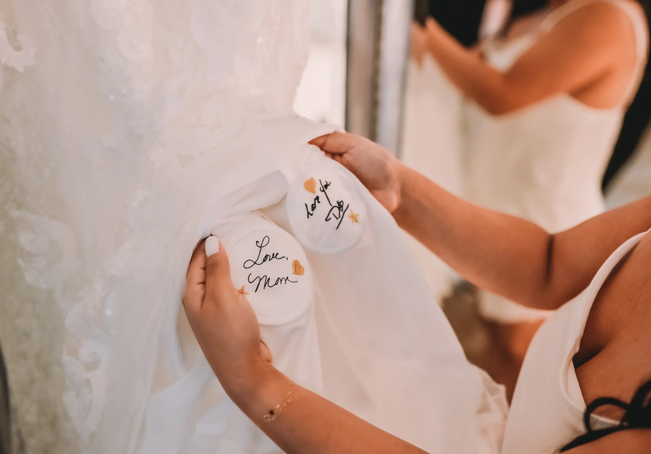 Cute Message From Mother And Father Of The Bride Sewn Into Wedding Dress