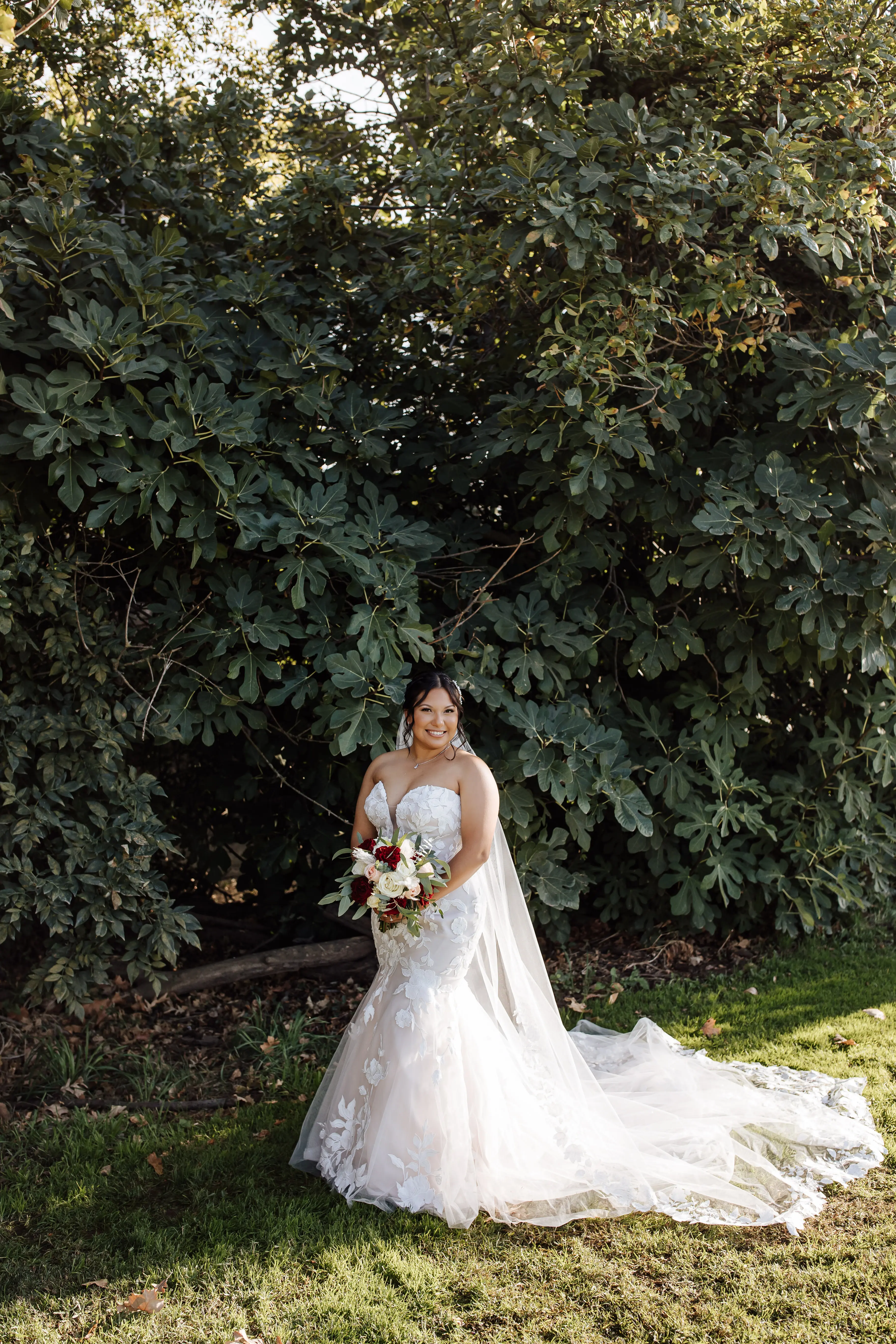 Real Bride in Strapless Mermaid Bridal Gown with Oversize Floral Lace Motifs Over Sparkle Tulle Called Hattie by Rebecca Ingram
