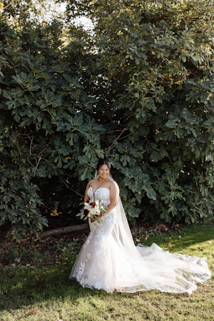 Real Bride in Strapless Mermaid Bridal Gown with Oversize Floral Lace Motifs Over Sparkle Tulle Called Hattie by Rebecca Ingram