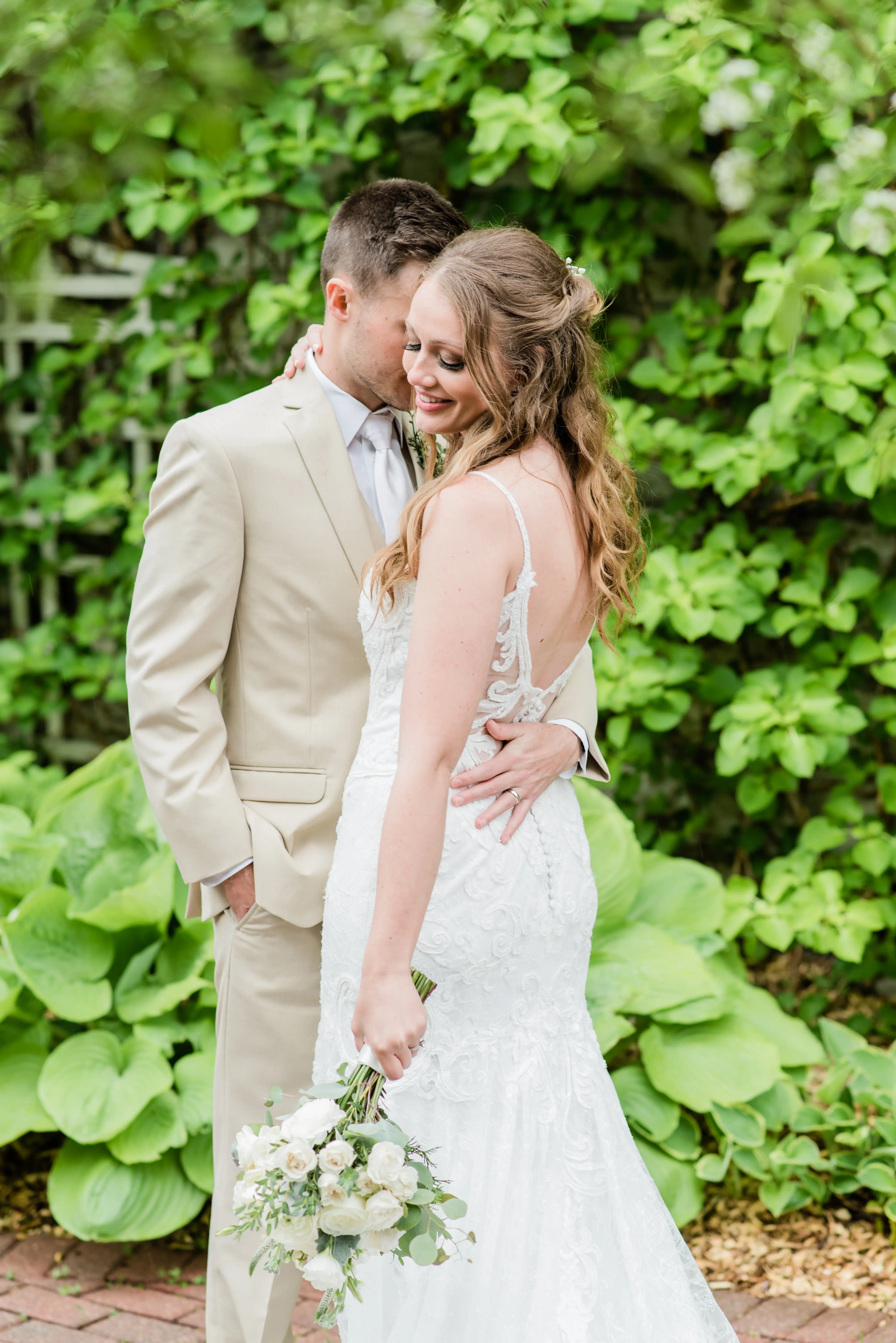 Groom With Bride Wearing Lace Mermaid Wedding Dress Esther By Maggie Sottero
