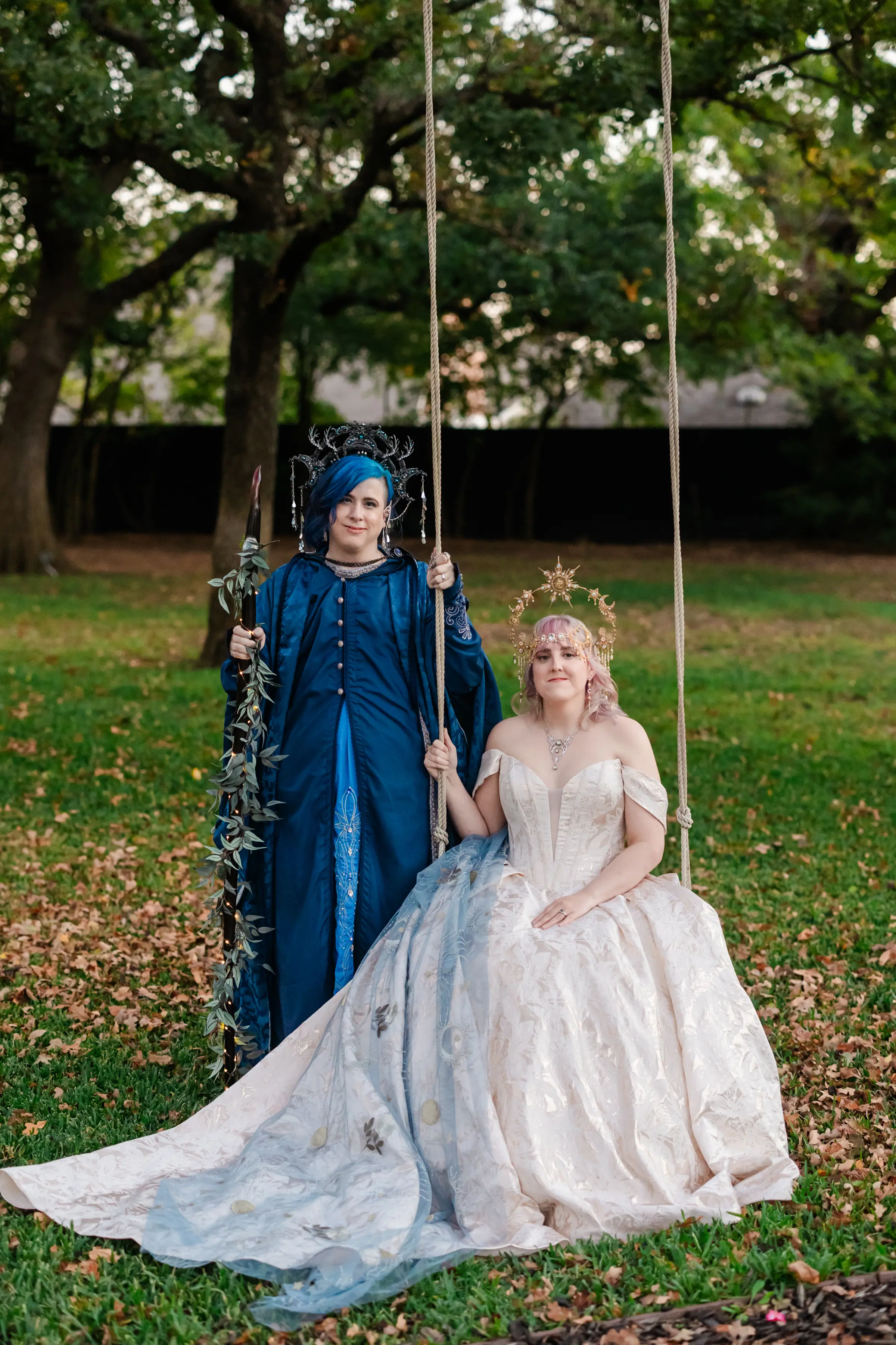 Bride Wearing Jaquard Wedding Dress Called Derrick Marie By Maggie Sottero With Her Partner In A Blue Gown