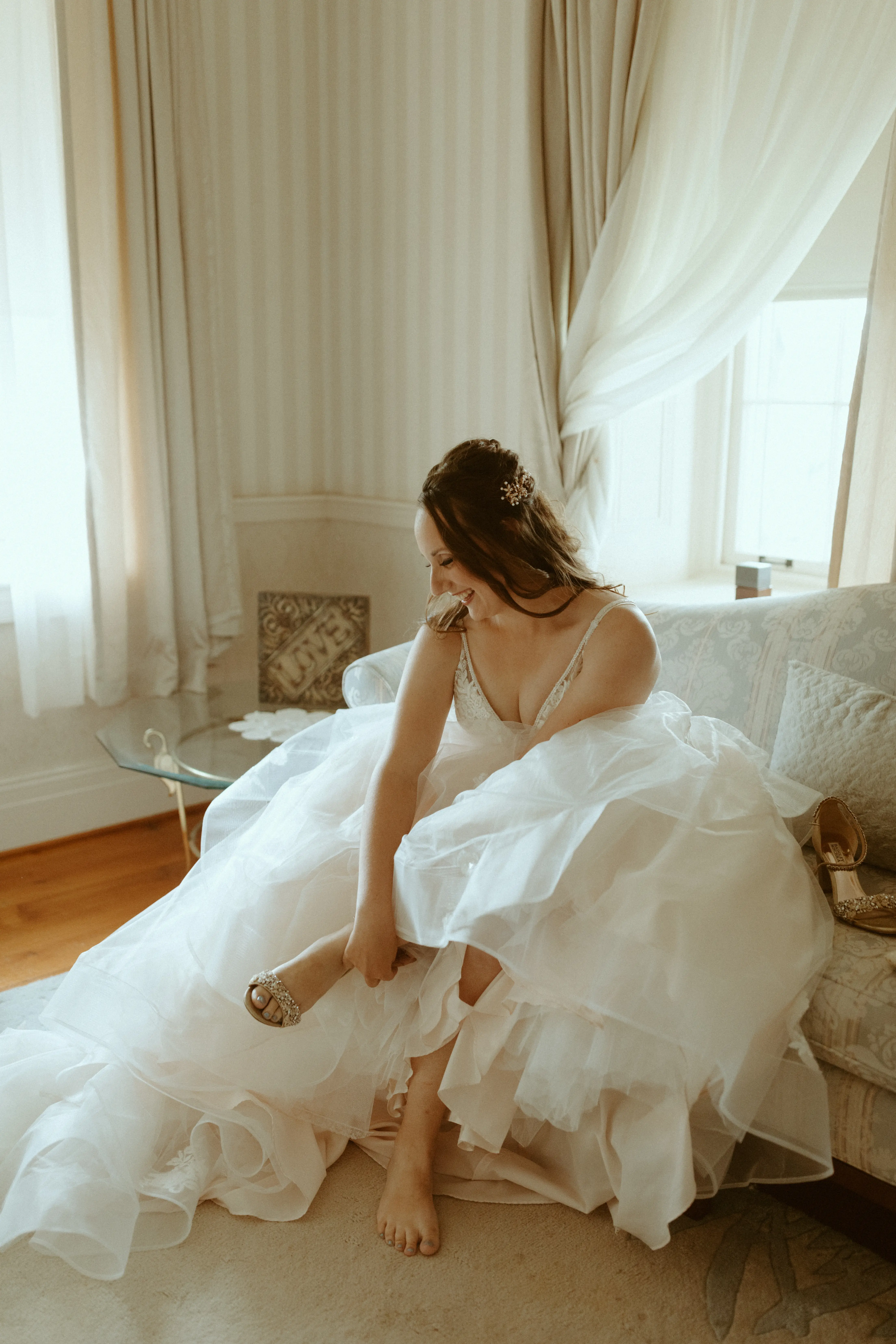 Bride Wearing Floral Lace Wedding Dress Lettie By Rebecca Ingram