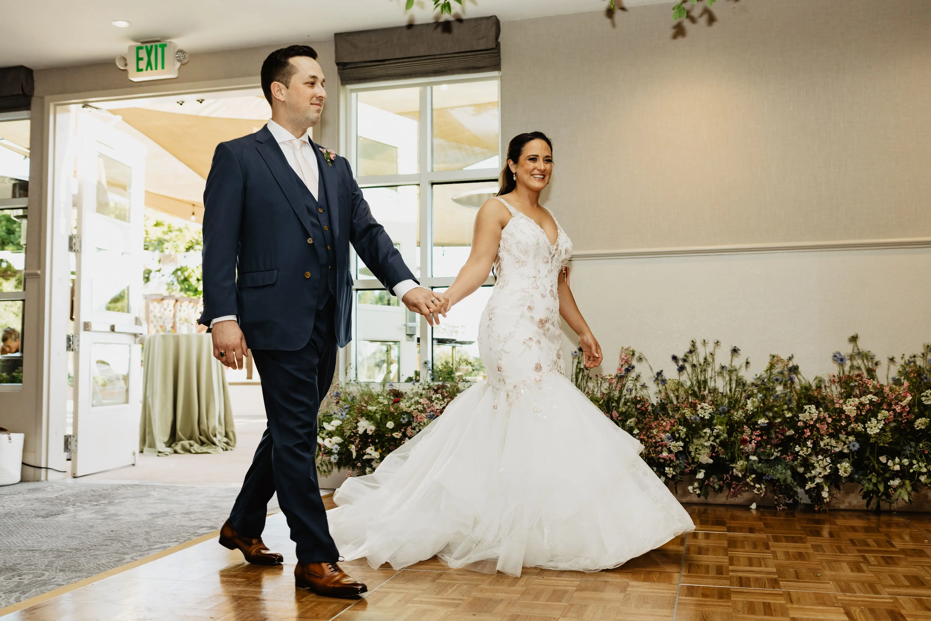 Groom With Bride Wearing Unique Trumpet Bridal Dress In Colorful Floral Lace Motifs Kenleigh By Sottero And Midgley