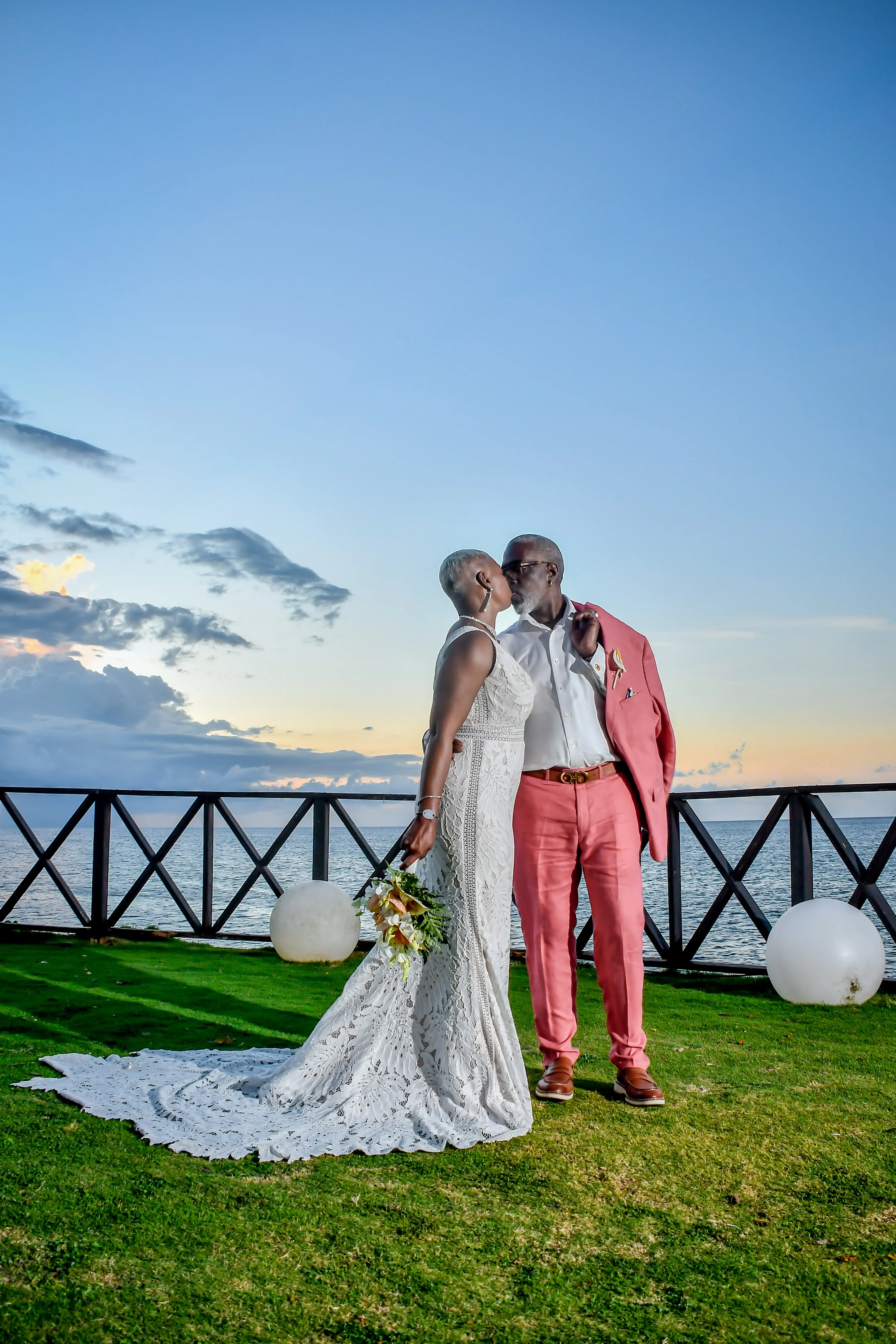 Bride In Boho Lace Wedding Dress Called Burke By Maggie Sottero With Groom In Pink