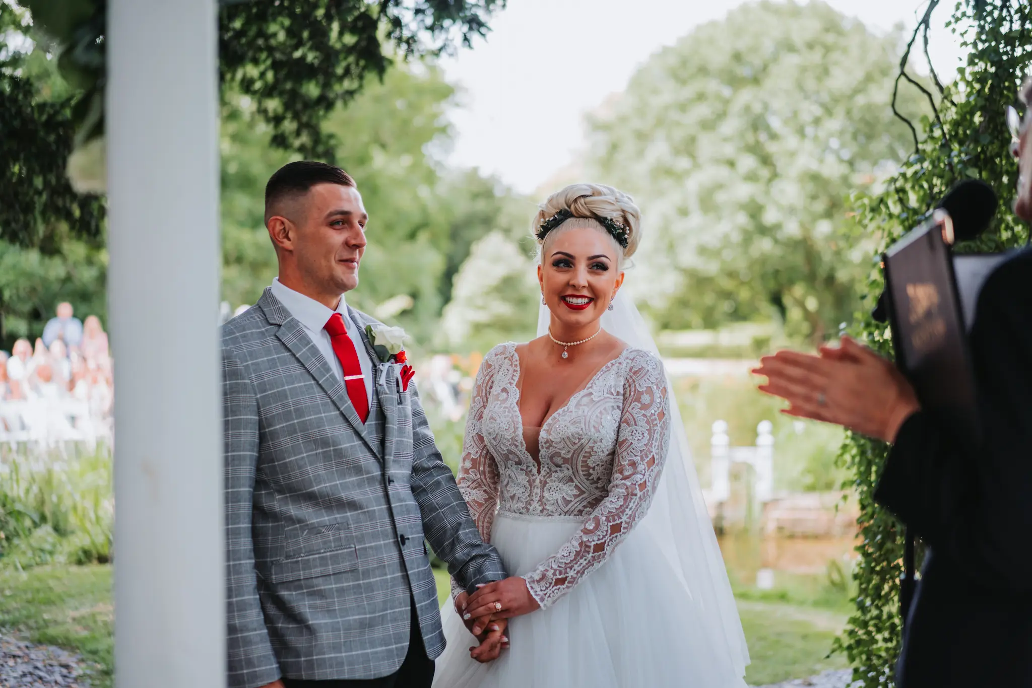 Groom With Bride Wearing Elegant Long Sleeved Ball Gown Mallory Dawn By Maggie Sottero