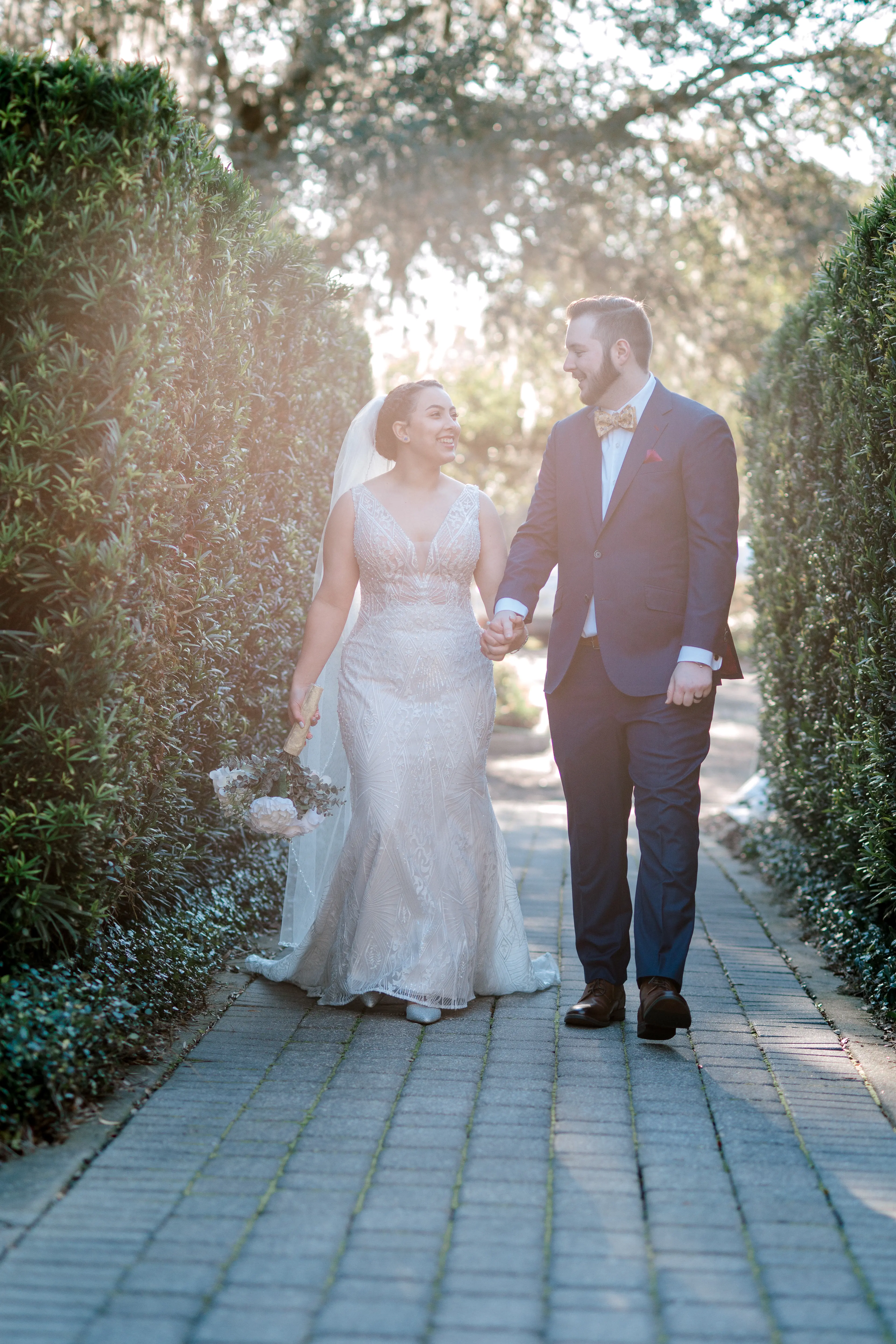 Groom with Bride in Gorgeous Art Deco Wedding Dress with Plunging Illusion V-Neckline Called Elaine by Maggie Sottero