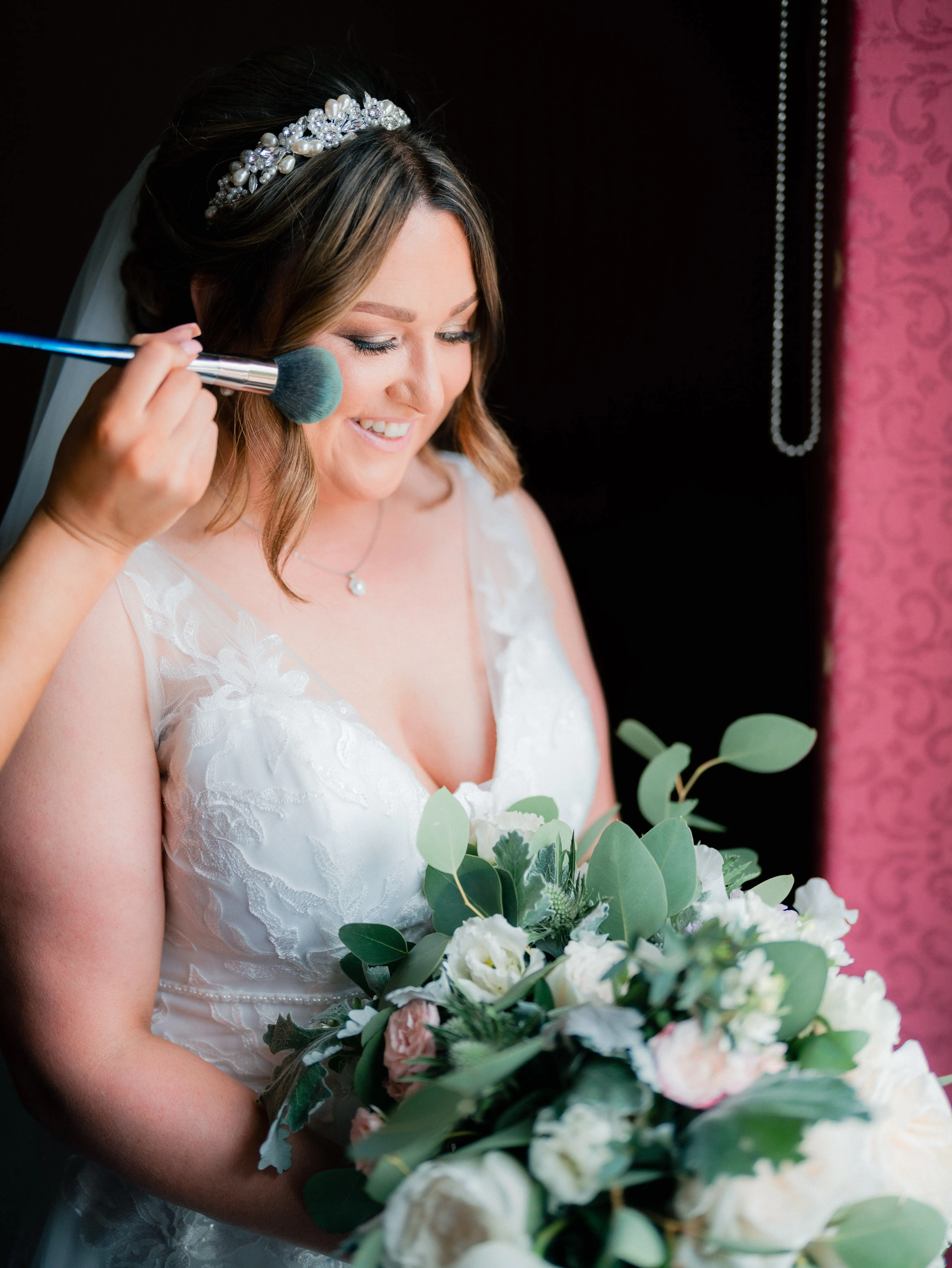 Real Bride in A-Line Wedding Gown with Lace Motifs Over Tulle and Beaded Lace Bodice Embellished with Swarovski Crystals Called Priscilla by Rebecca Ingram