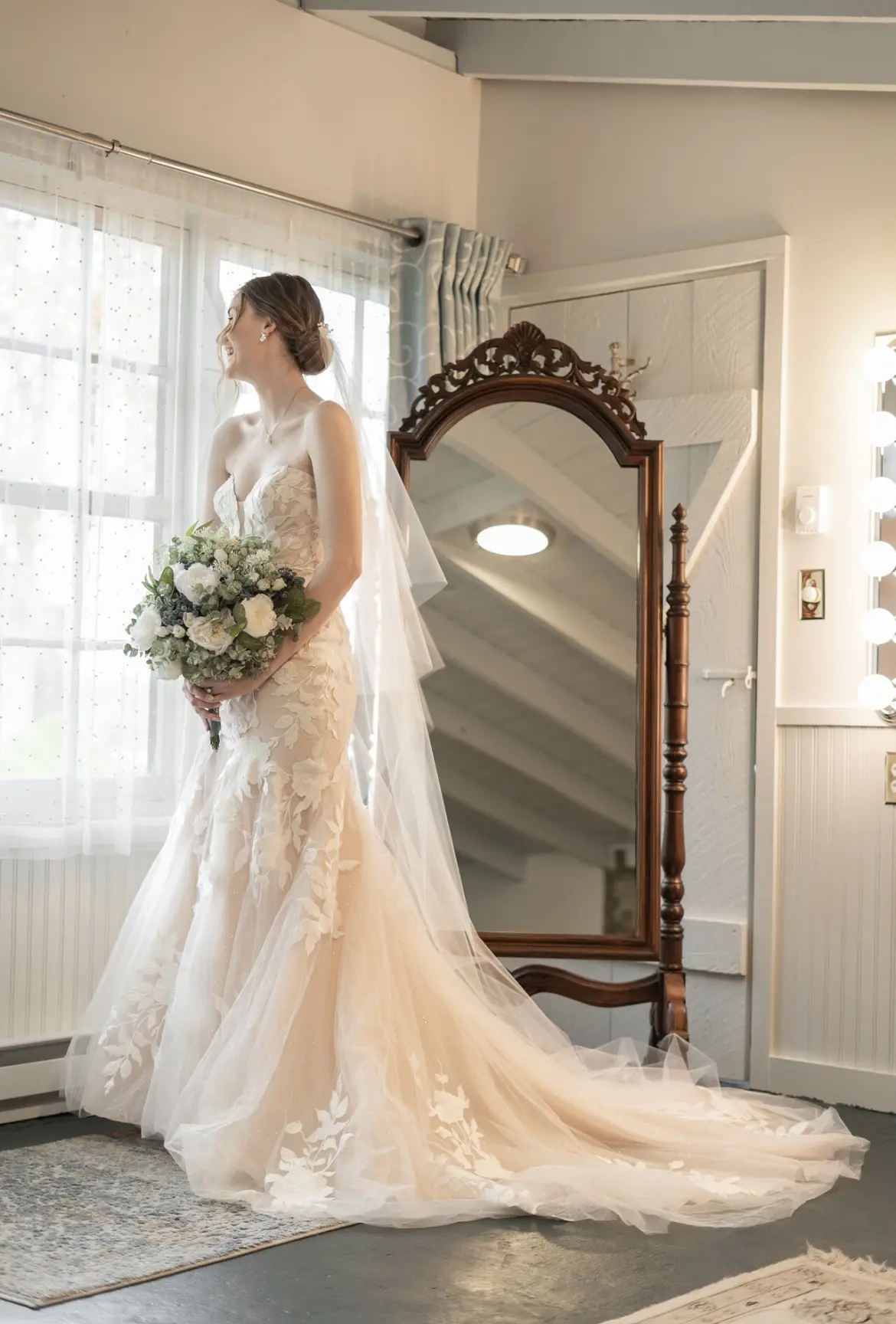 Beautiful Bride Wearing Sexy Strapless Mermaid Wedding Gown With Oversized Floral Lace Motifs Called Hattie By Rebecca Ingram
