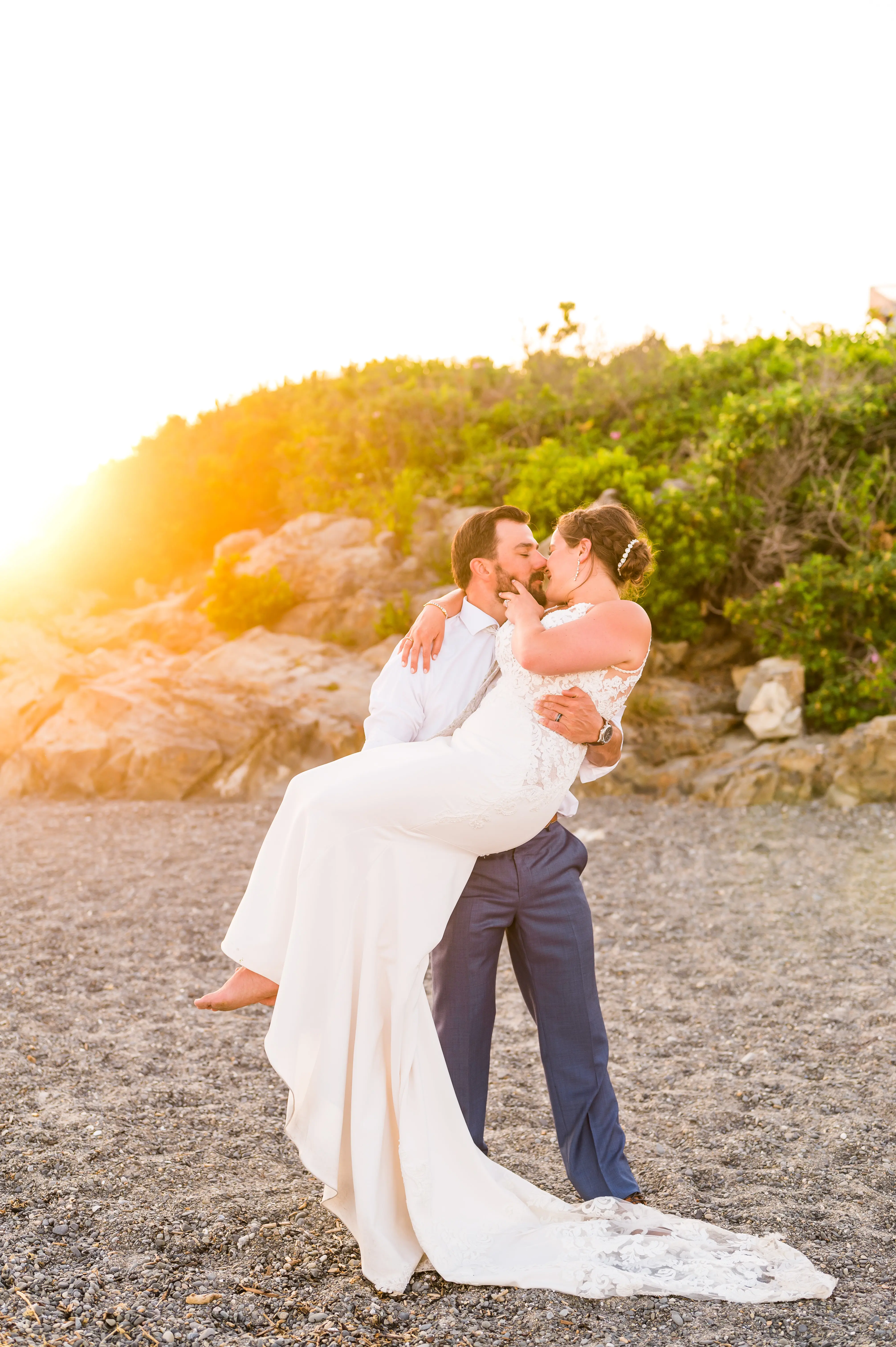 Groom With Bride Wearing Lace Spaghetti Strap Mermaid Wedding Dress Nikki By Maggie Sottero