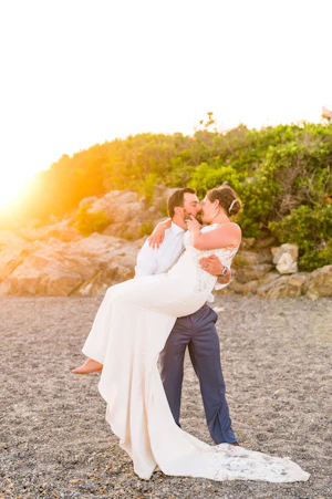Groom With Bride Wearing Lace Spaghetti Strap Mermaid Wedding Dress Nikki By Maggie Sottero