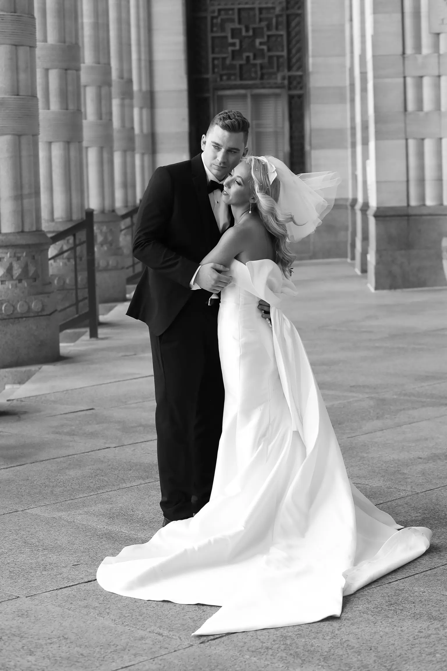 Bride In Simple Satin Wedding Dress With Gloves Called Mitchell By Maggie Sottero