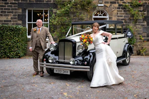 Real Bride in Off-the-Shoulder Fit-and-Flare Wedding Dress in Huron Mikado Called Josie by Rebecca Ingram