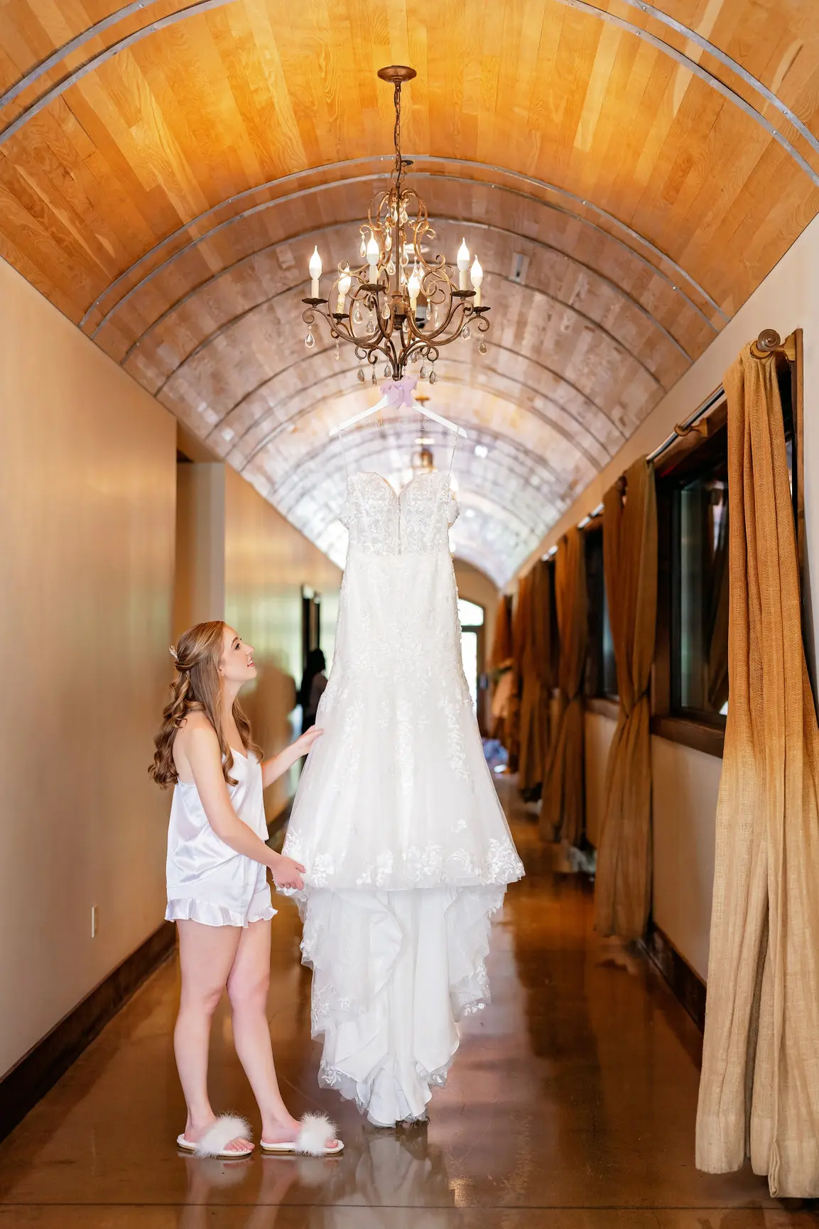 Bride Looking At Bride Wearing Lace Wedding Dress Called Lennon By Maggie Sottero