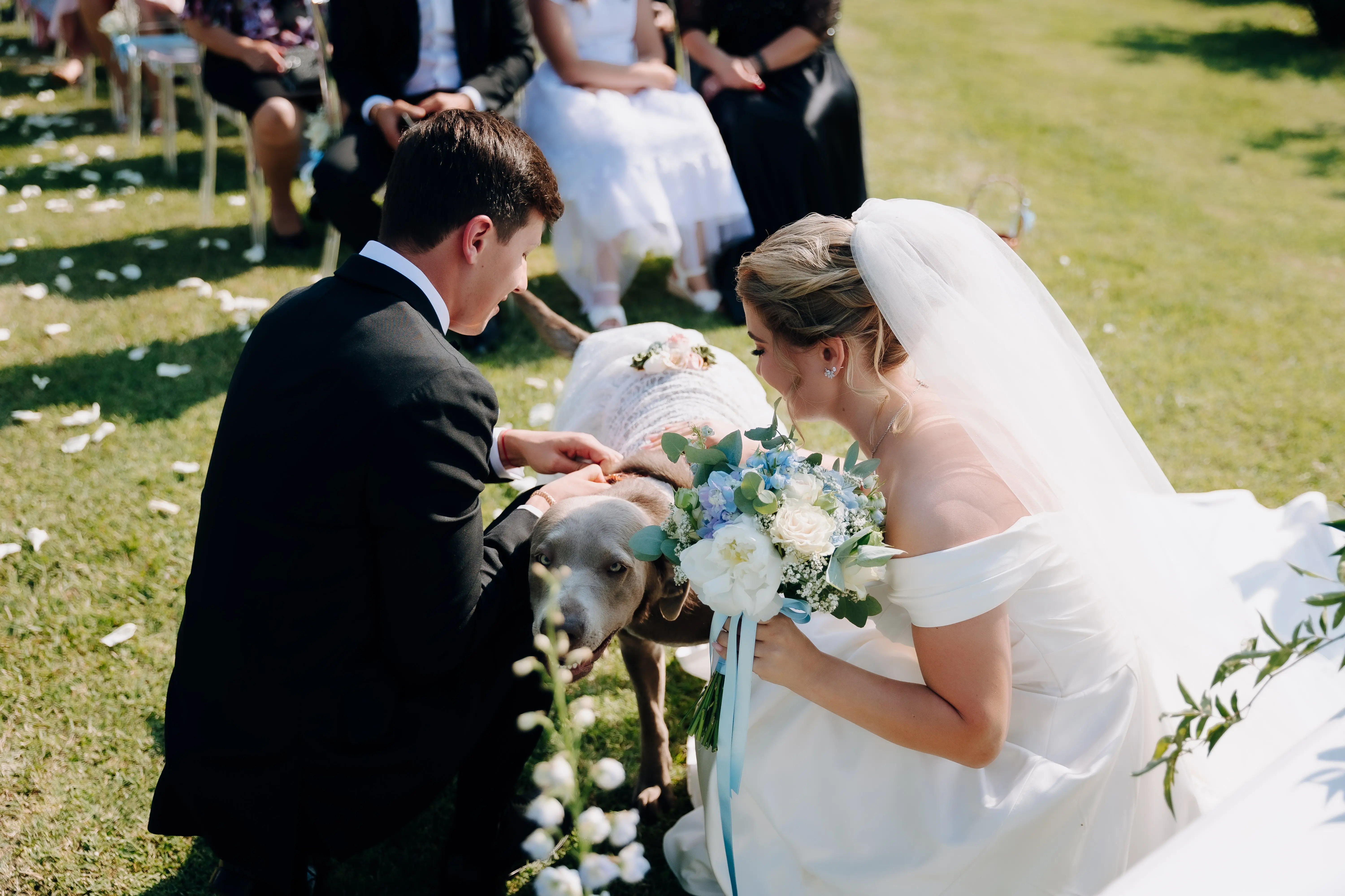 Bride Wearing A-line Classic Wedding Dress Ekaterina By Maggie Sottero Petting Dog With Groom