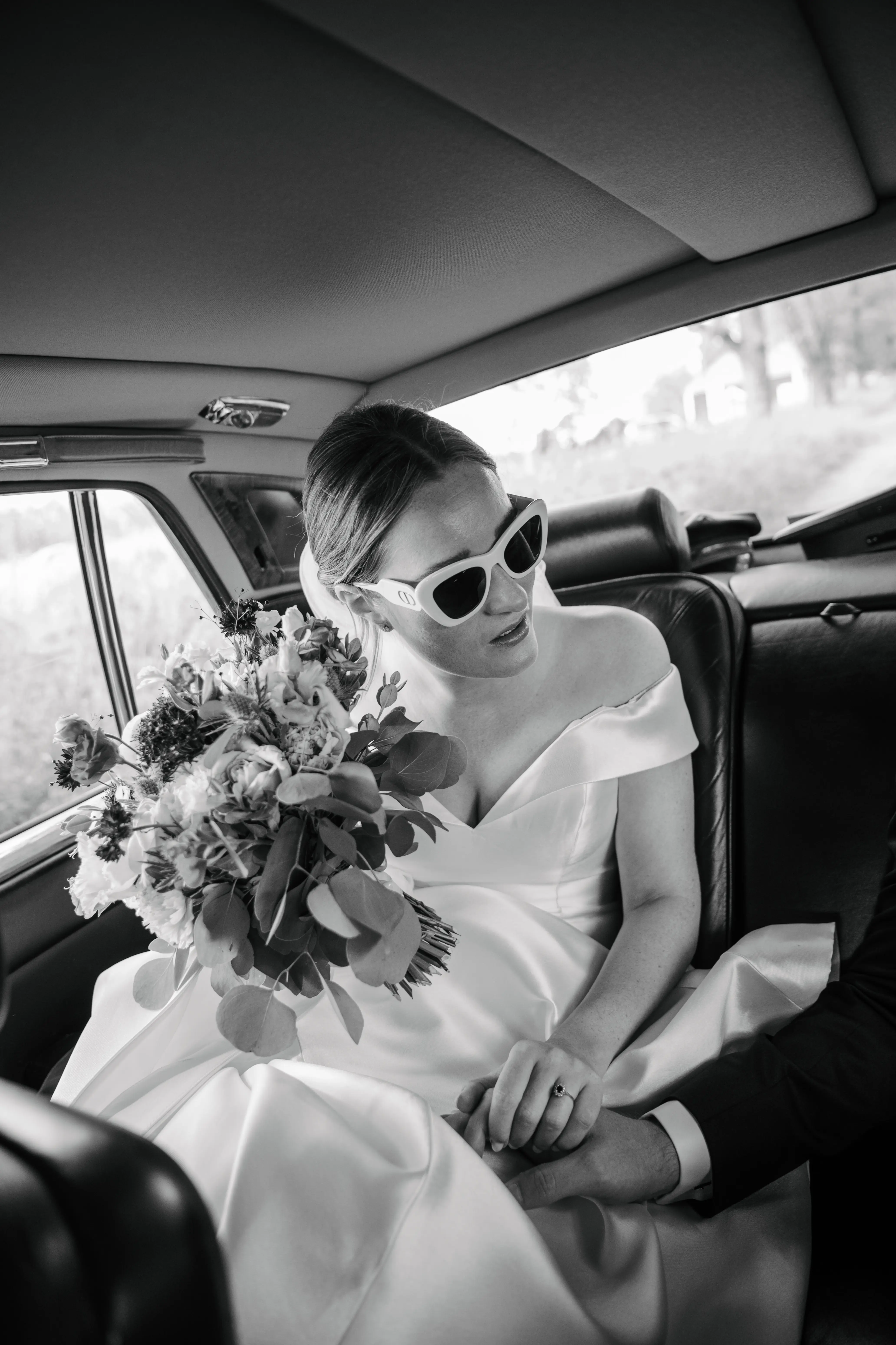 Bride Wearing Off The Shoulder Fit And Flare Josie By Rebecca Ingram