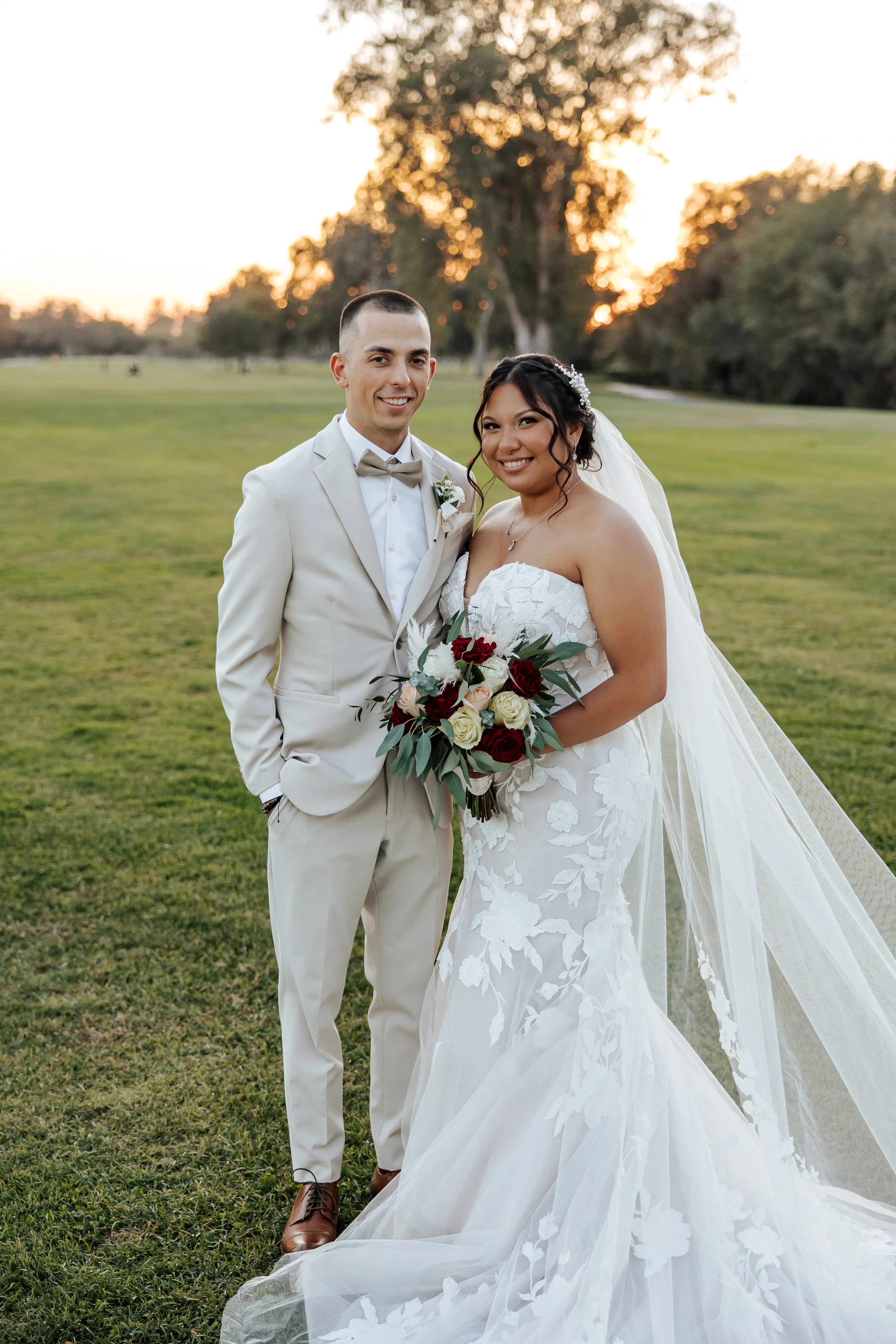 Real Bride in Strapless Mermaid Bridal Gown with Oversize Floral Lace Motifs Over Sparkle Tulle Called Hattie by Rebecca Ingram