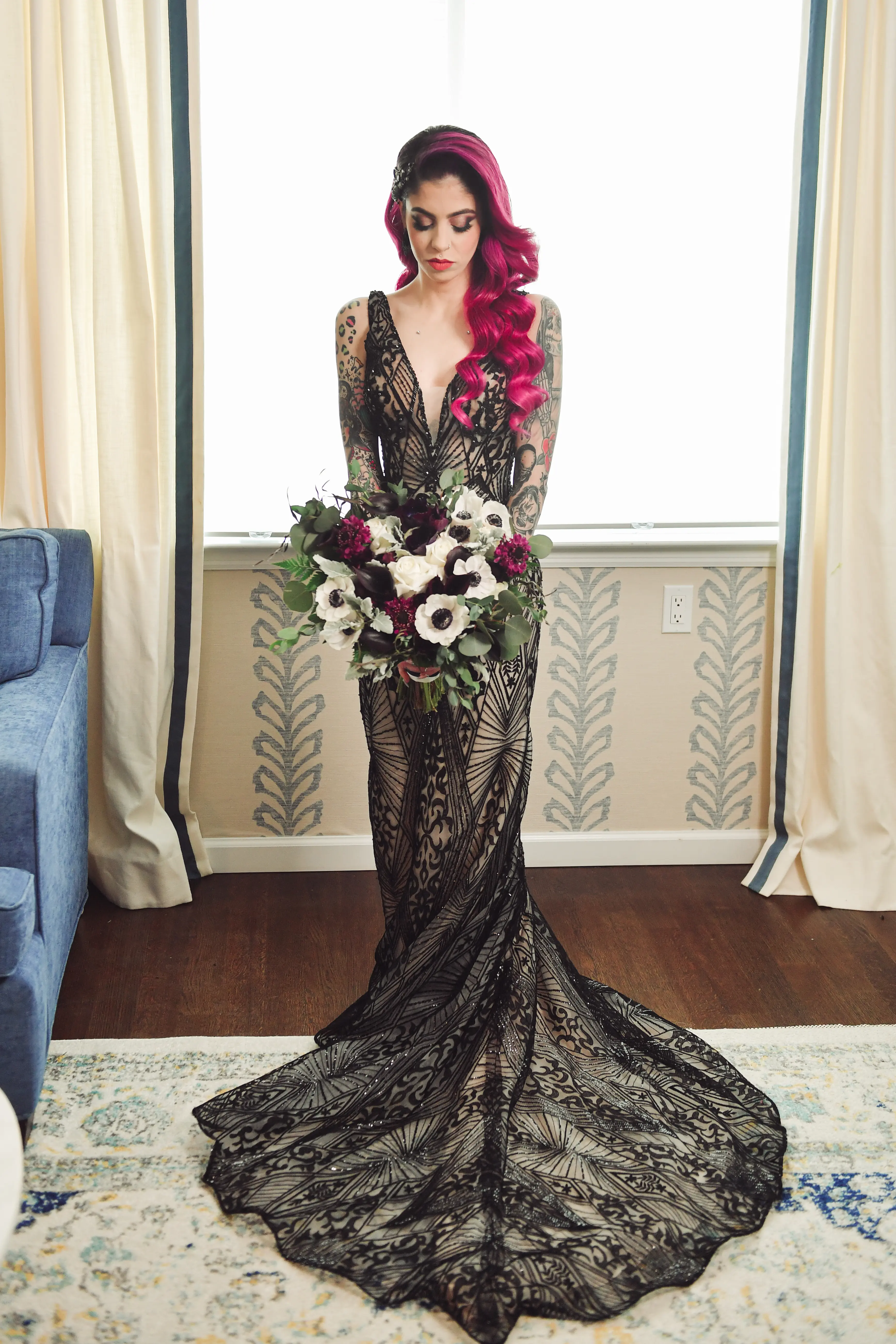 Bride Wearing Black Art Deco Wedding Dress Elaine By Maggie Sottero