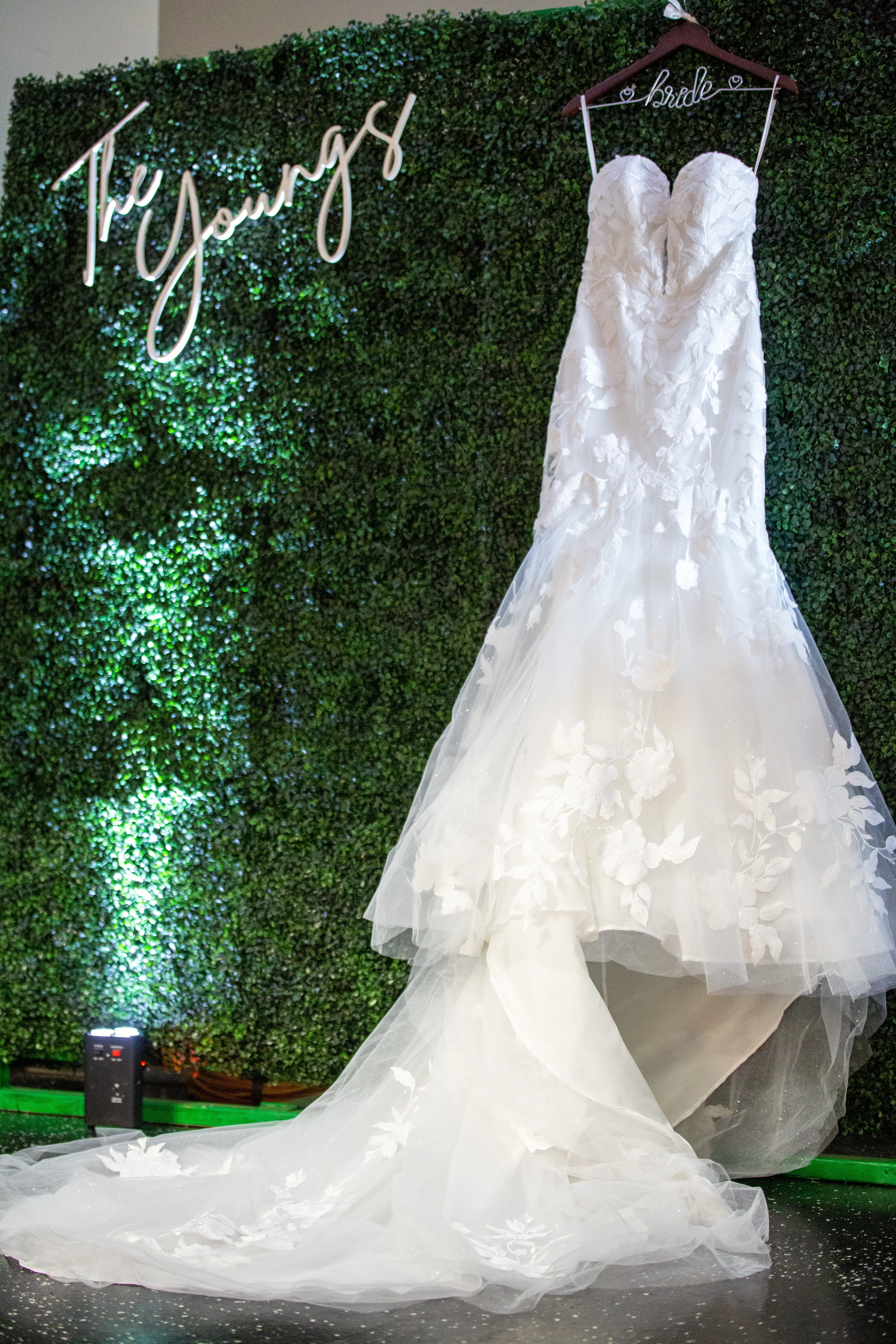 Real Bride's Wedding Dress, a Strapless Mermaid Bridal Gown with Oversized Floral Lace Motifs over Sparkle Tulle called Hattie by Rebecca Ingram