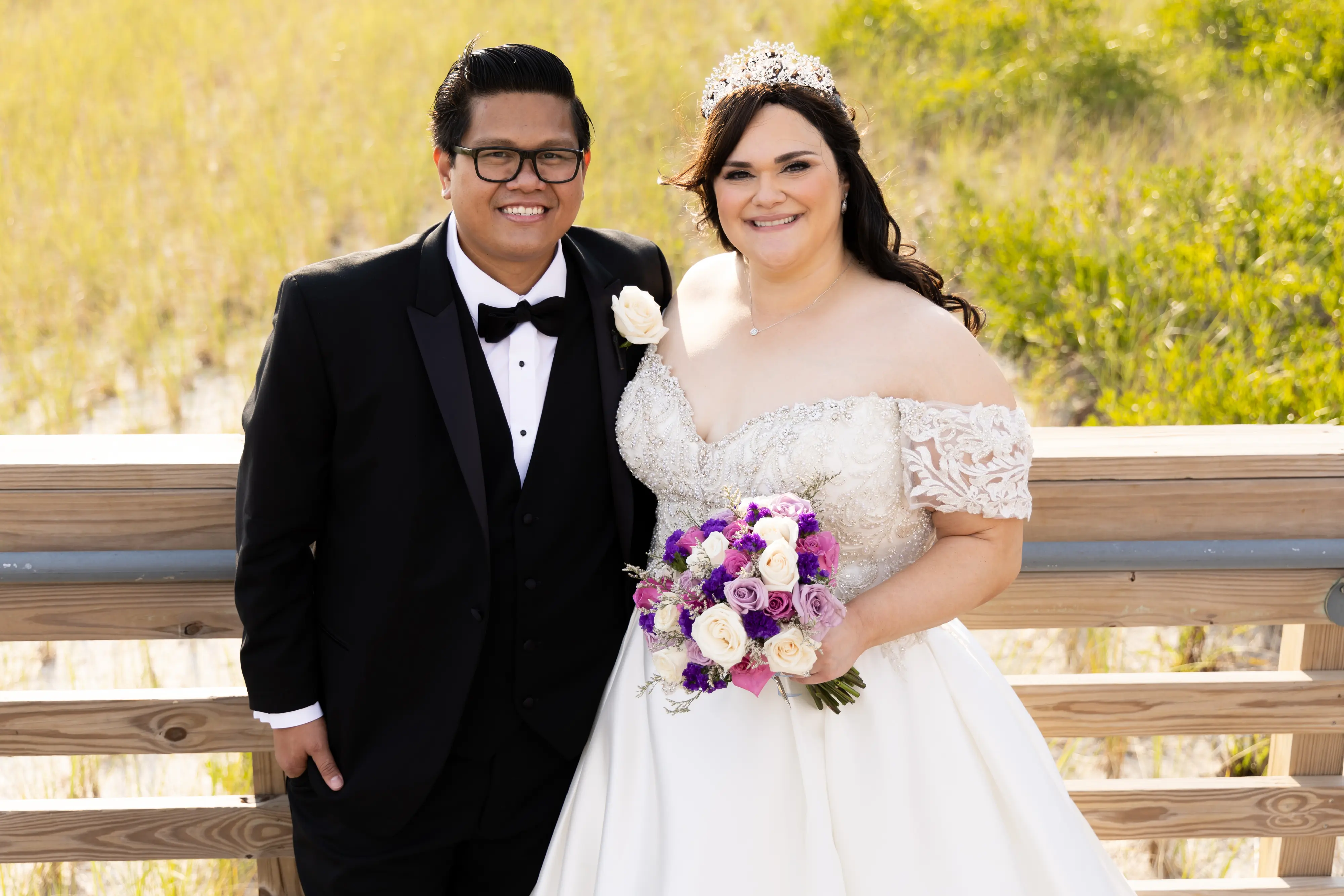 Bride in Satin Ball Gown Wedding Dress Featuring Decadent Beaded Lace Bodice, Kimora by Sottero & Midgley with Groom
