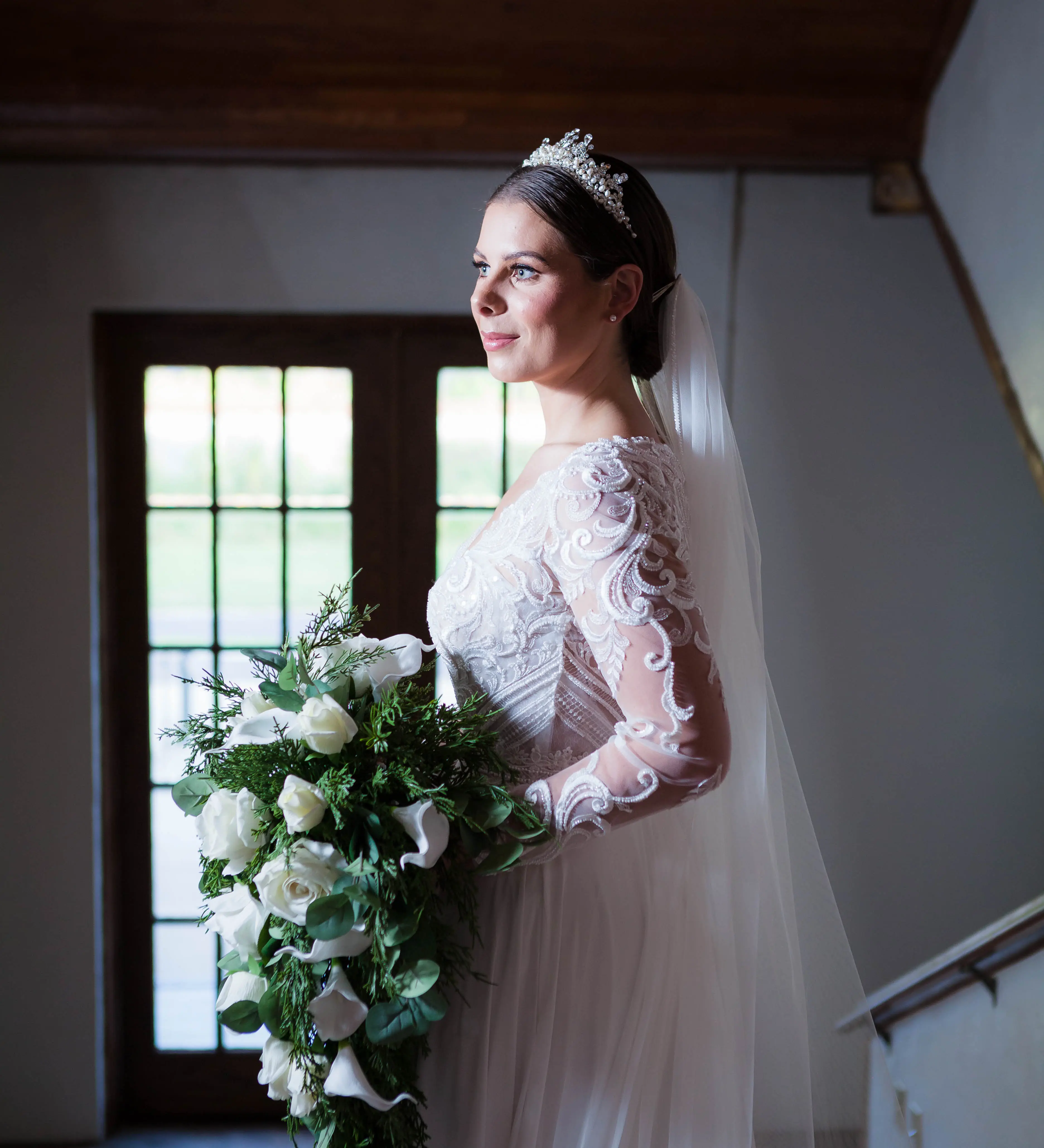 Bride wearing Lorraine Dawn wedding dress by Rebecca Ingram