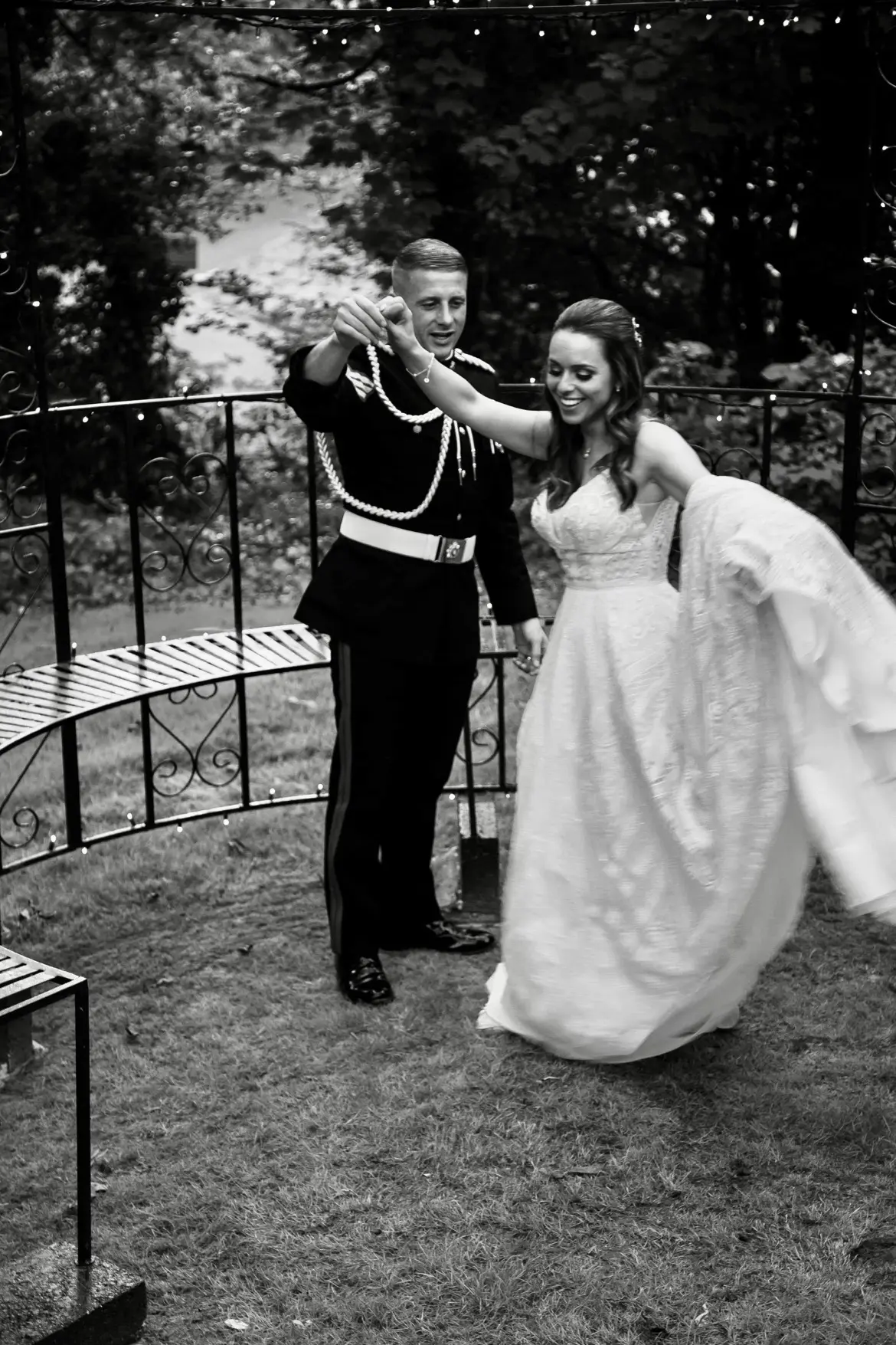 Bride Wearing Boho Lace Wedding Dress Called Roxanne By Sottero And Midgley Dancing With Groom