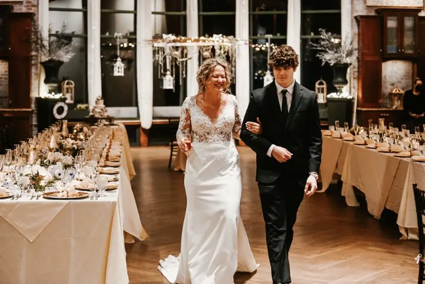 Bride Wearing Long Sleeve Sheath Wedding Dress Althea By Maggie Sottero