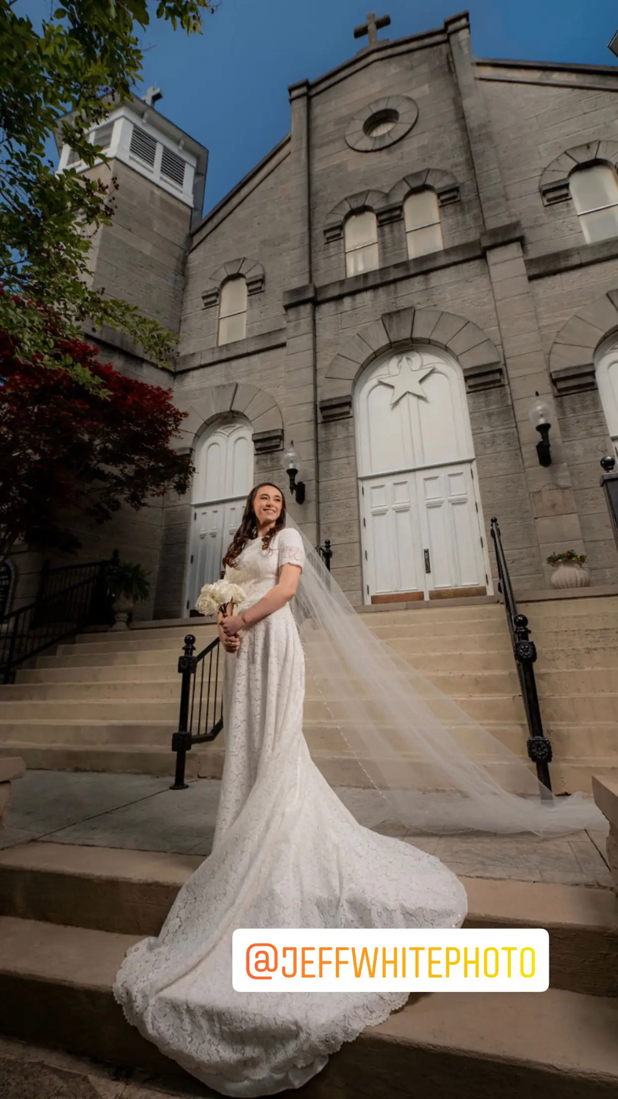Real Bride wearing modest wedding dress called Prescott by Maggie Sottero.
