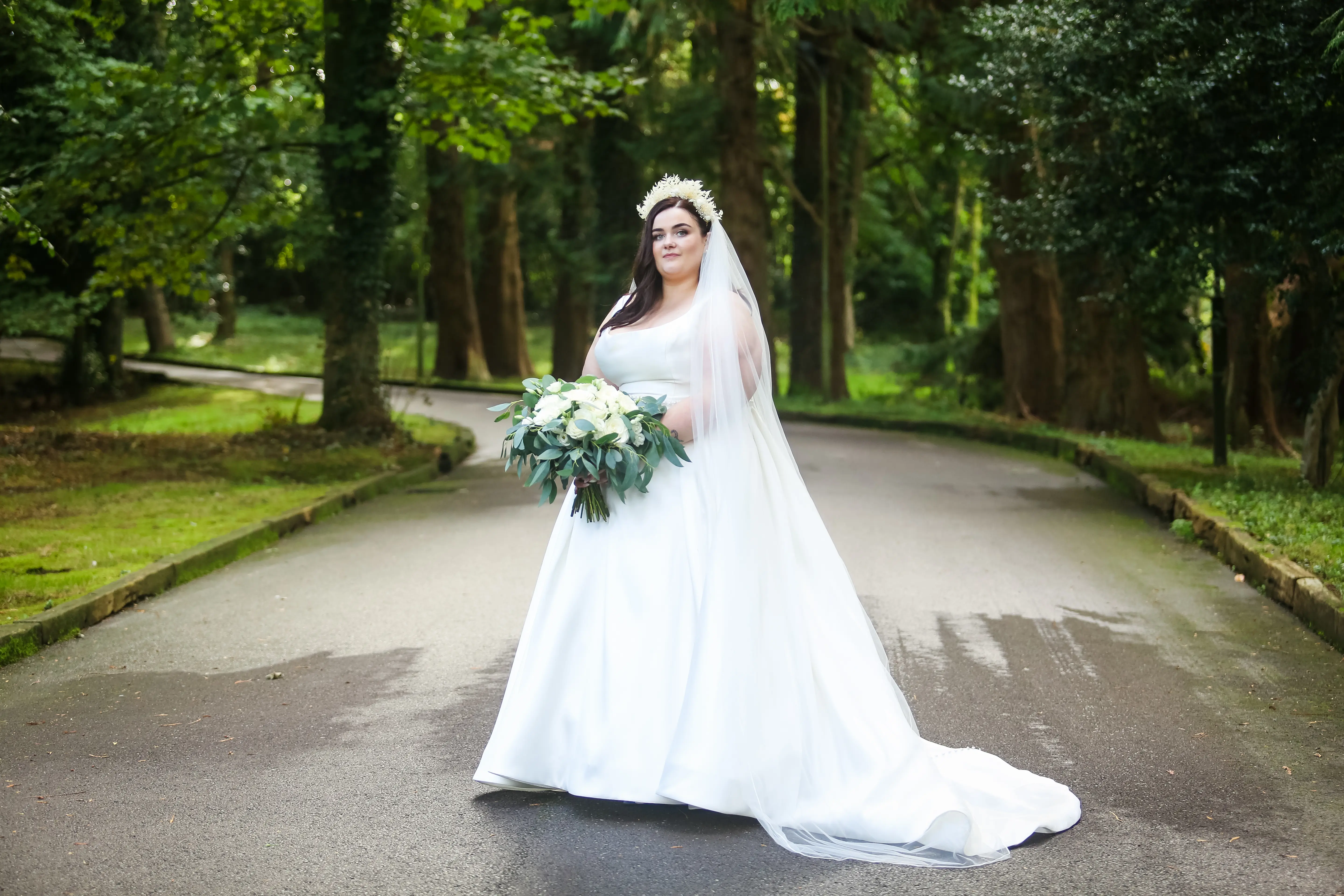 Bride Posing In Stunning Satin Ball Gown Called Selena By Maggie Sottero