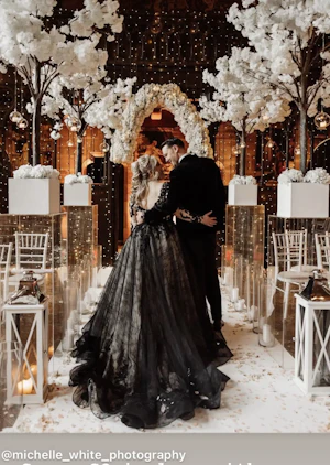 Bride Wearing Black Lace Ballgown Wedding Dress Called Zander By Sottero And Midgley With Groom