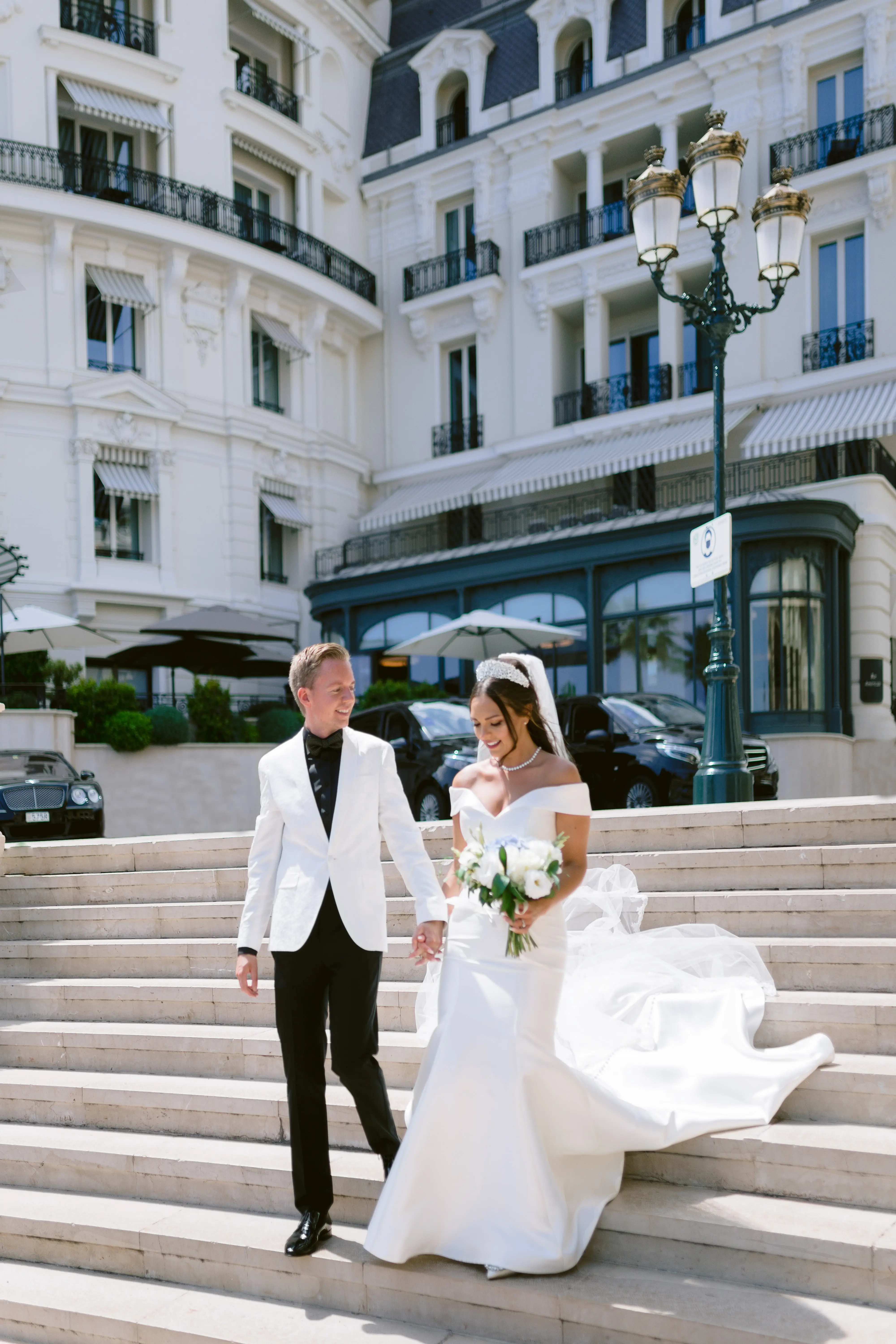 Groom With Bride Wearing Simple Off The Shoulder Fit And Flare Wedding Dress Josie By Rebecca Ingram