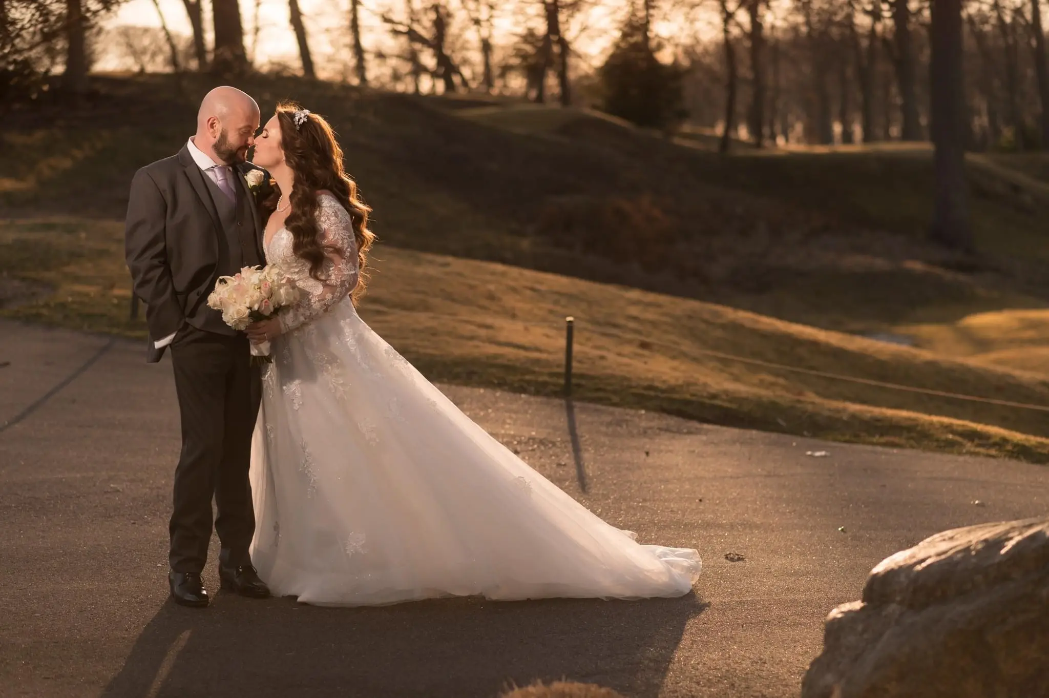 Groom with Bride in Illusion Sleeve A-Line Wedding Dress Inspired by Vintage Royalty called Raphael by Maggie Sottero