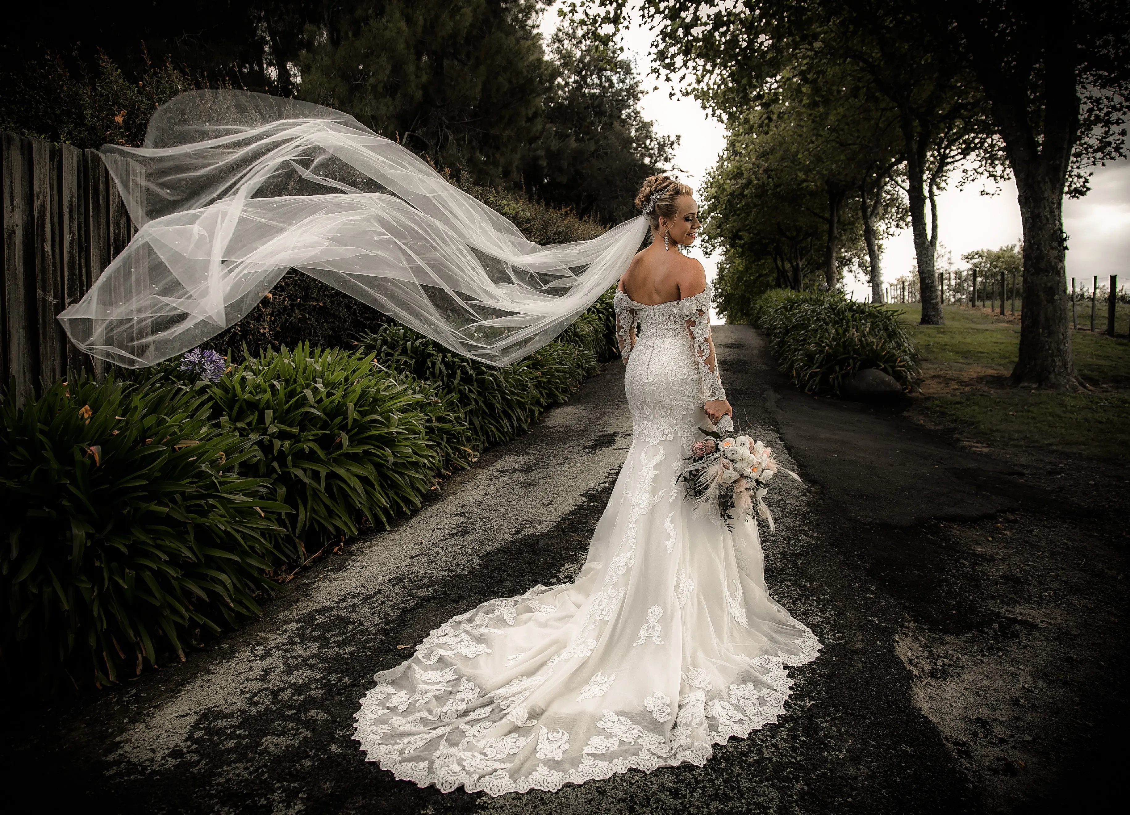 Bride In Lace Off The Shoulder Wedding Dress Called Fiona By Maggie Sottero