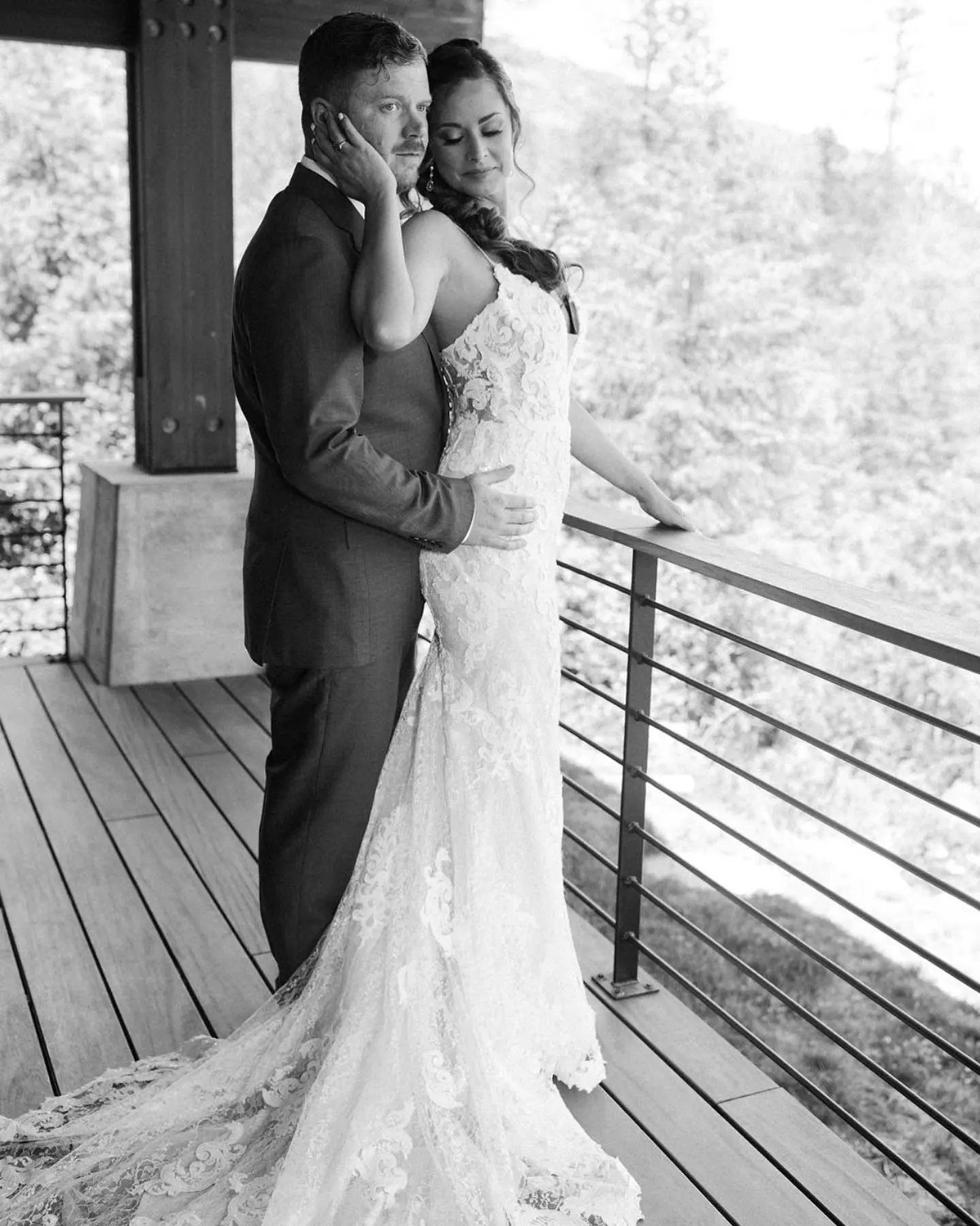 Groom With Bride Wearing Lace Sheath Wedding Dress Tuscany Lynette By Maggie Sottero