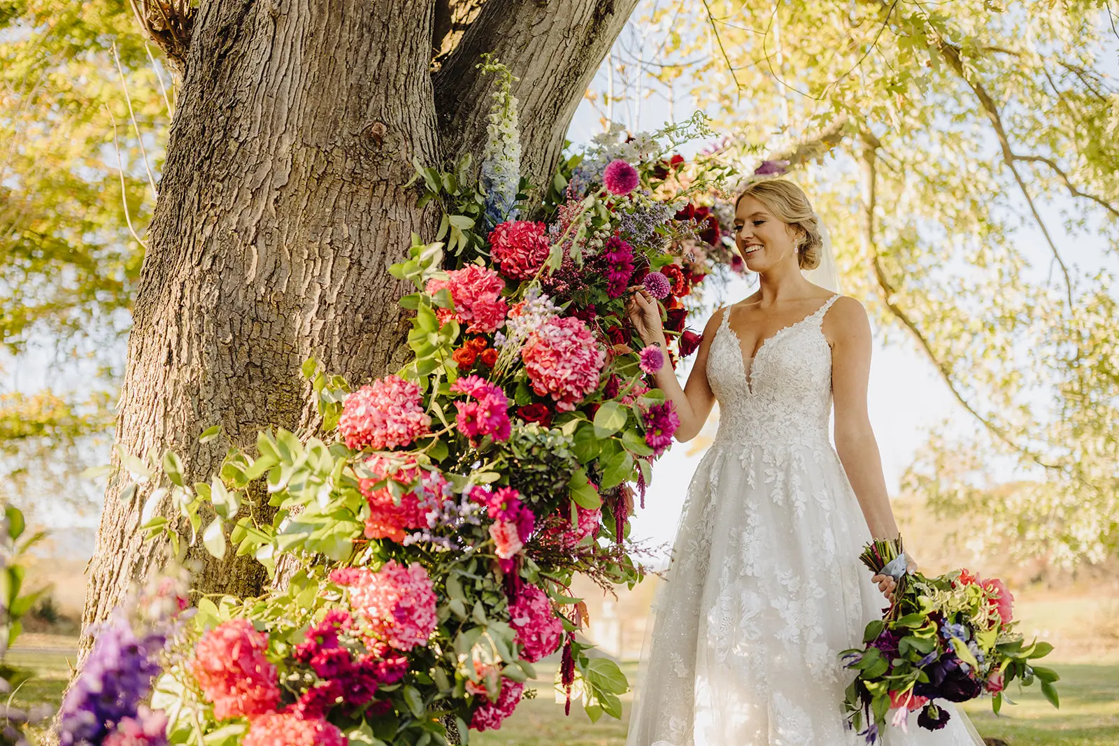 Bride at Outdoor Fall Wedding Wearing Fairytale Ballgown Wedding Dress Called Valona by Sottero and Midgley.