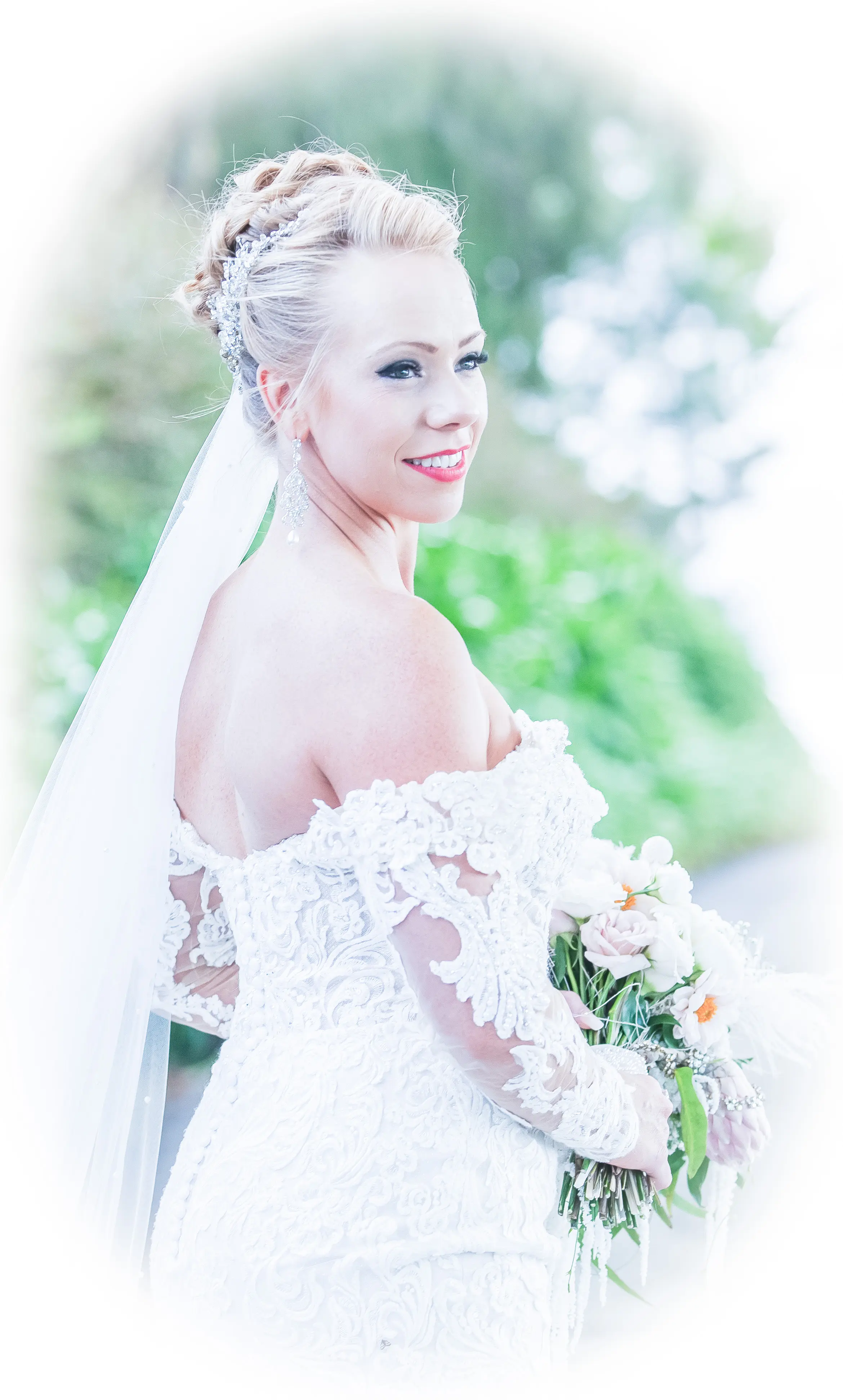 Bride In Lace Off The Shoulder Wedding Dress Called Fiona By Maggie Sottero