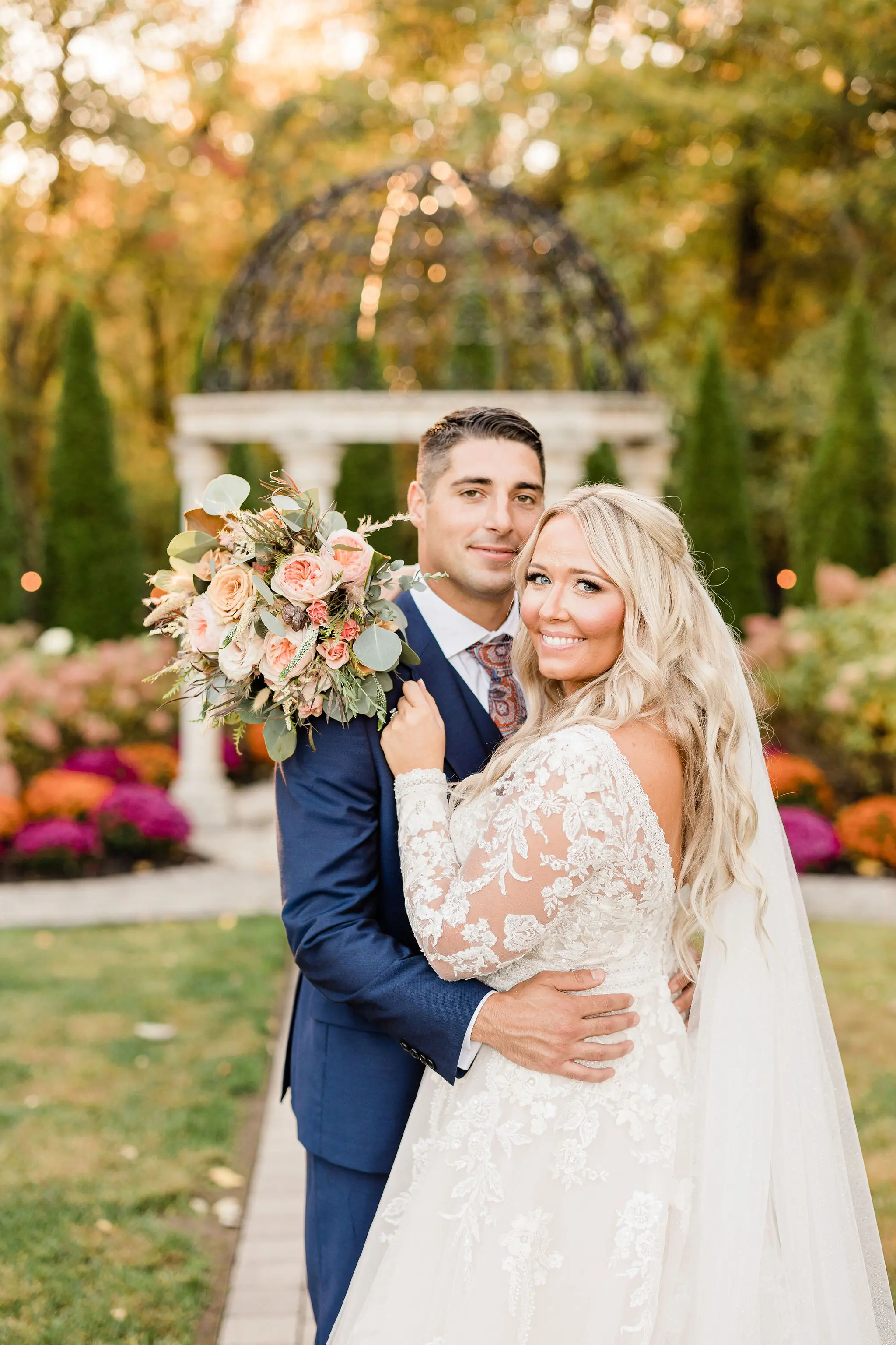 Real Bride in Illusion Sleeve A-Line Wedding Dress with Beaded Lace Motifs Over Sparkle Tulle Called Raphael by Maggie Sottero