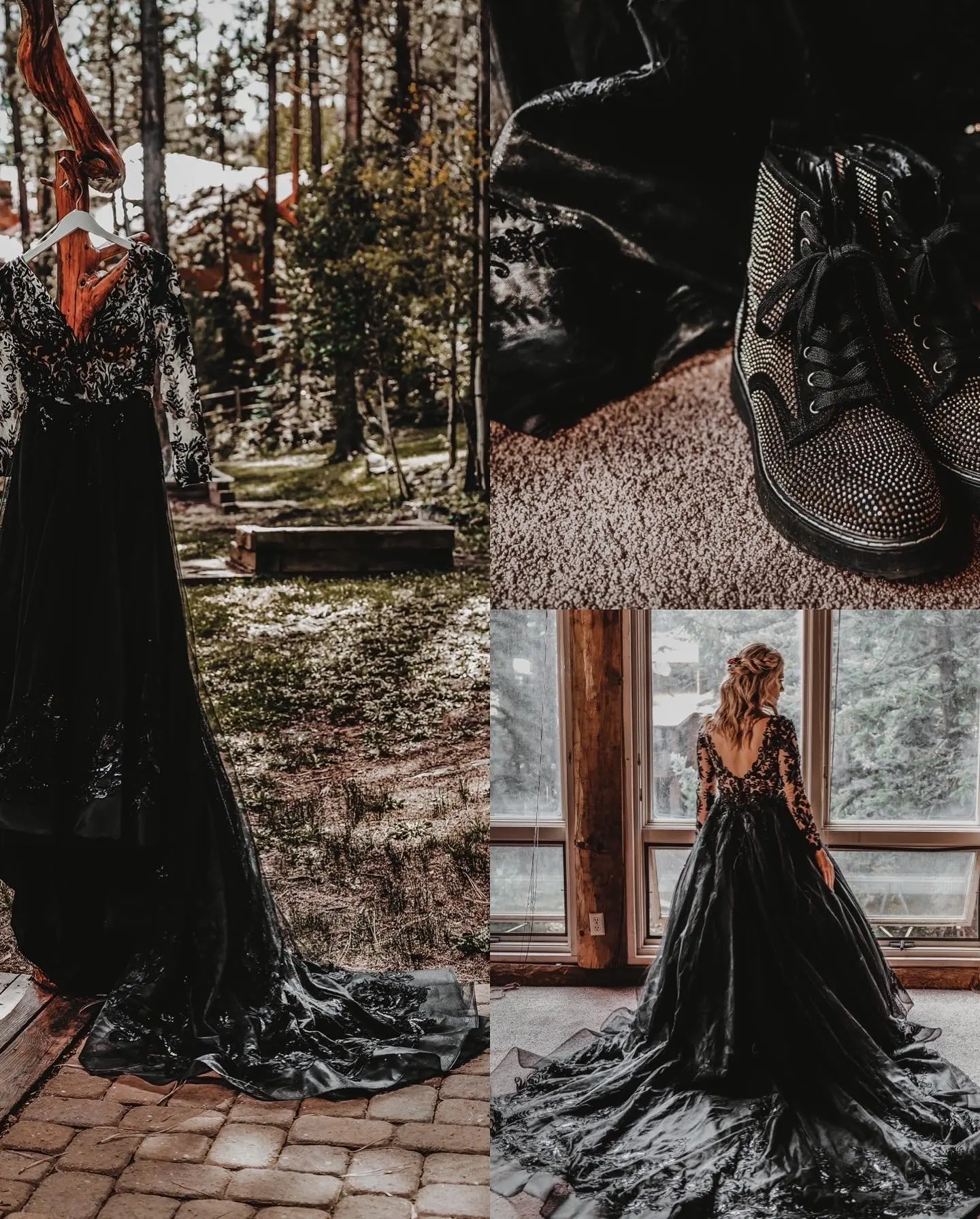 Collage of Images of Bride Wearing Black Lace Ballgown Wedding Dress Called Zander By Sottero And Midgley