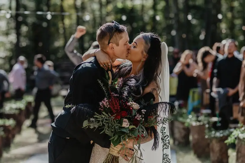 Groom With Bride Wearing Ball Gown With Black Lace Tristyn By Maggie Sottero