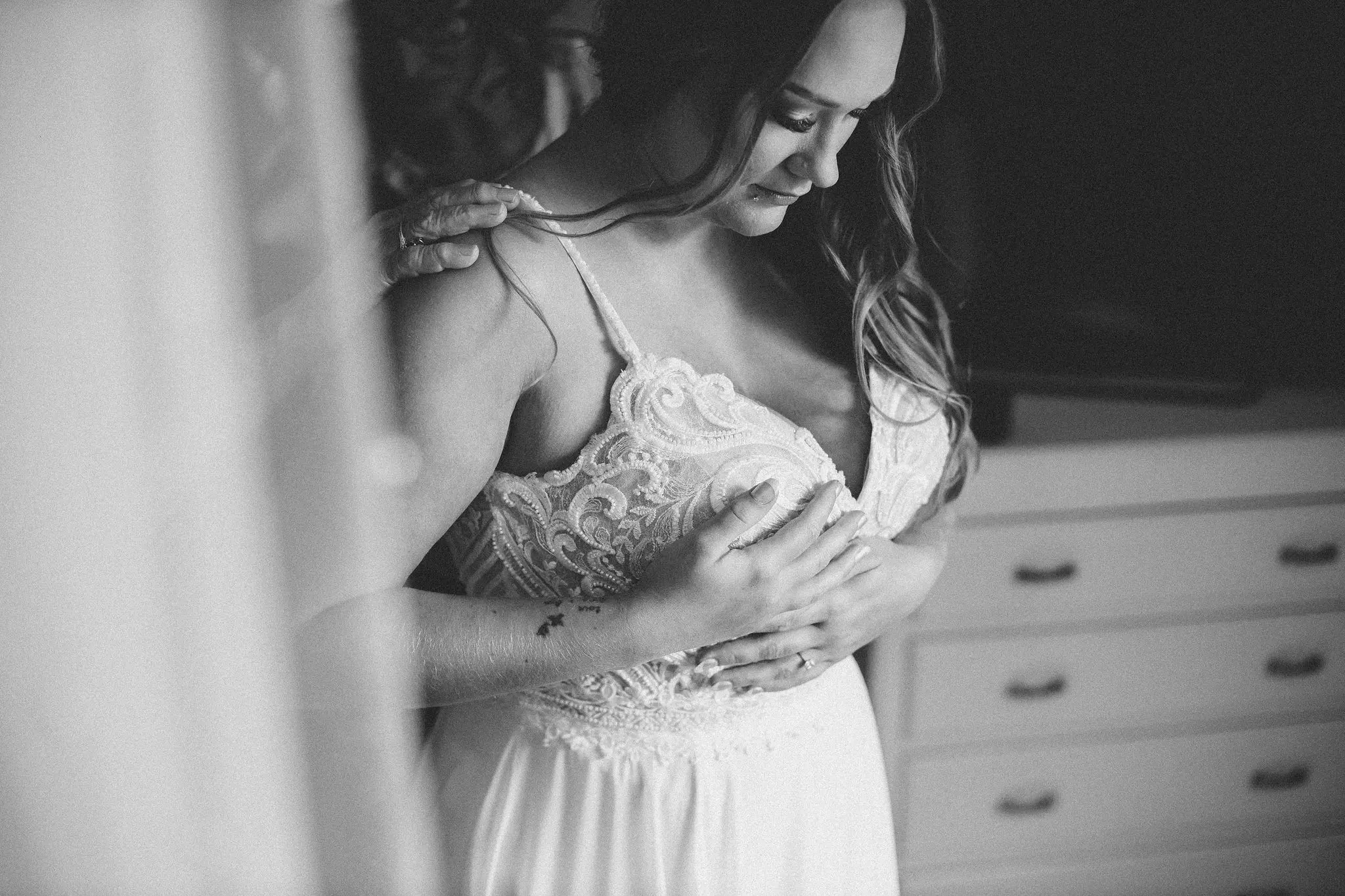 Bride Wearing Beaded Chiffon Sheath Wedding Dress Lorraine By Rebecca Ingram