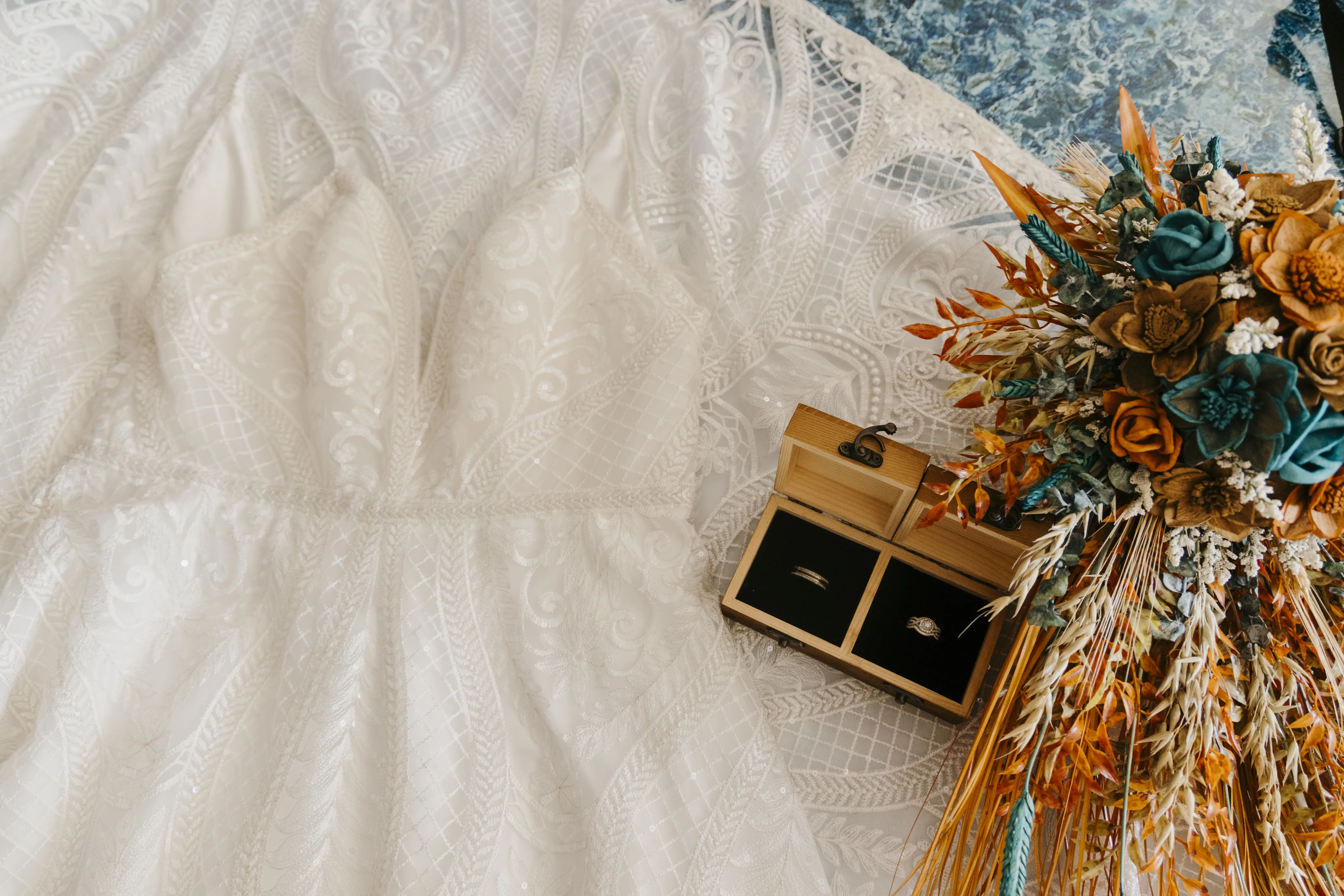 Rings and Bouquet on All Over Sequin Lace Wedding Dress called Roxanne by Sottero & Midgley