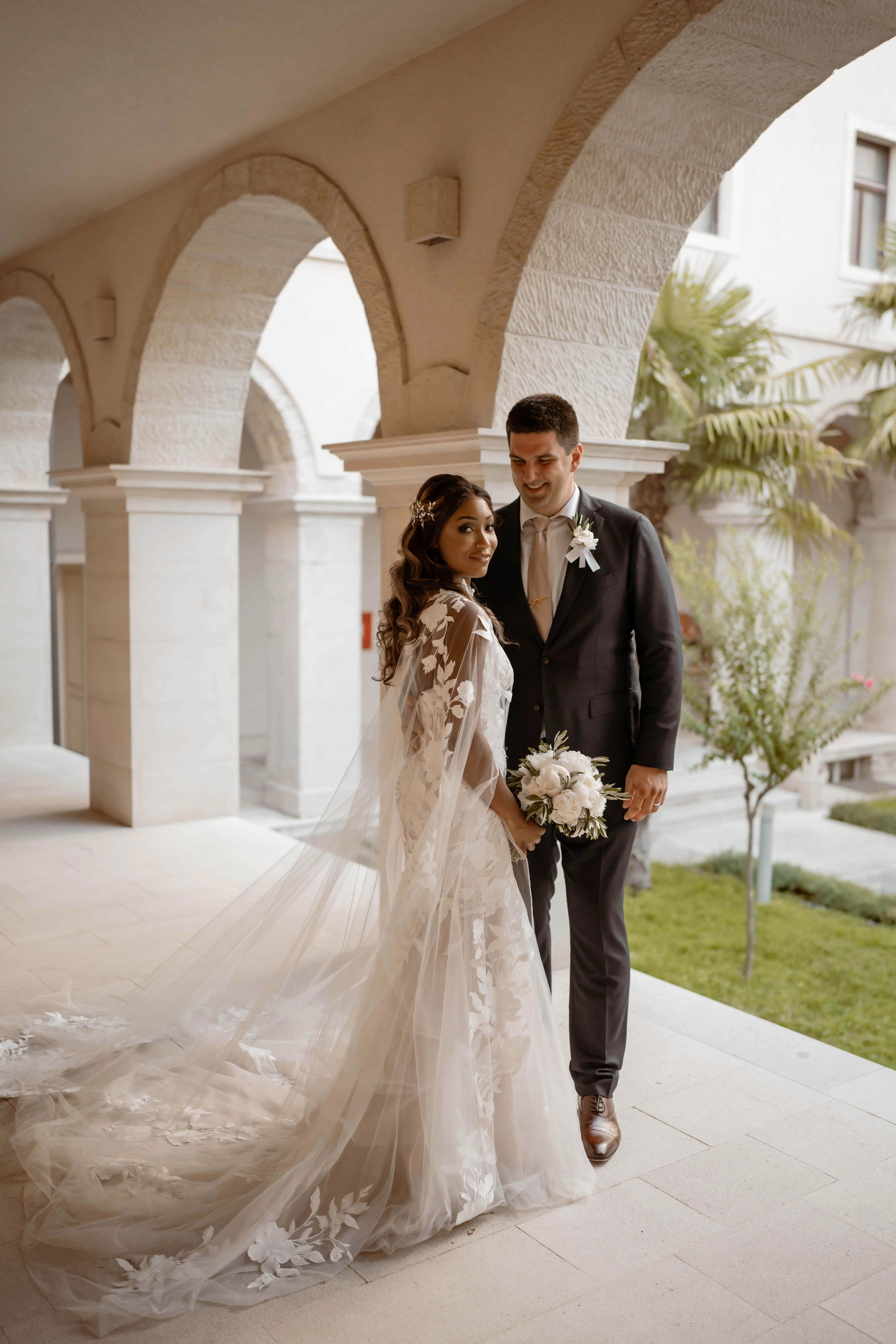 Groom With Bride Wearing Mermaid Wedding Dress With Oversized Lace Hattie By Rebecca Ingram