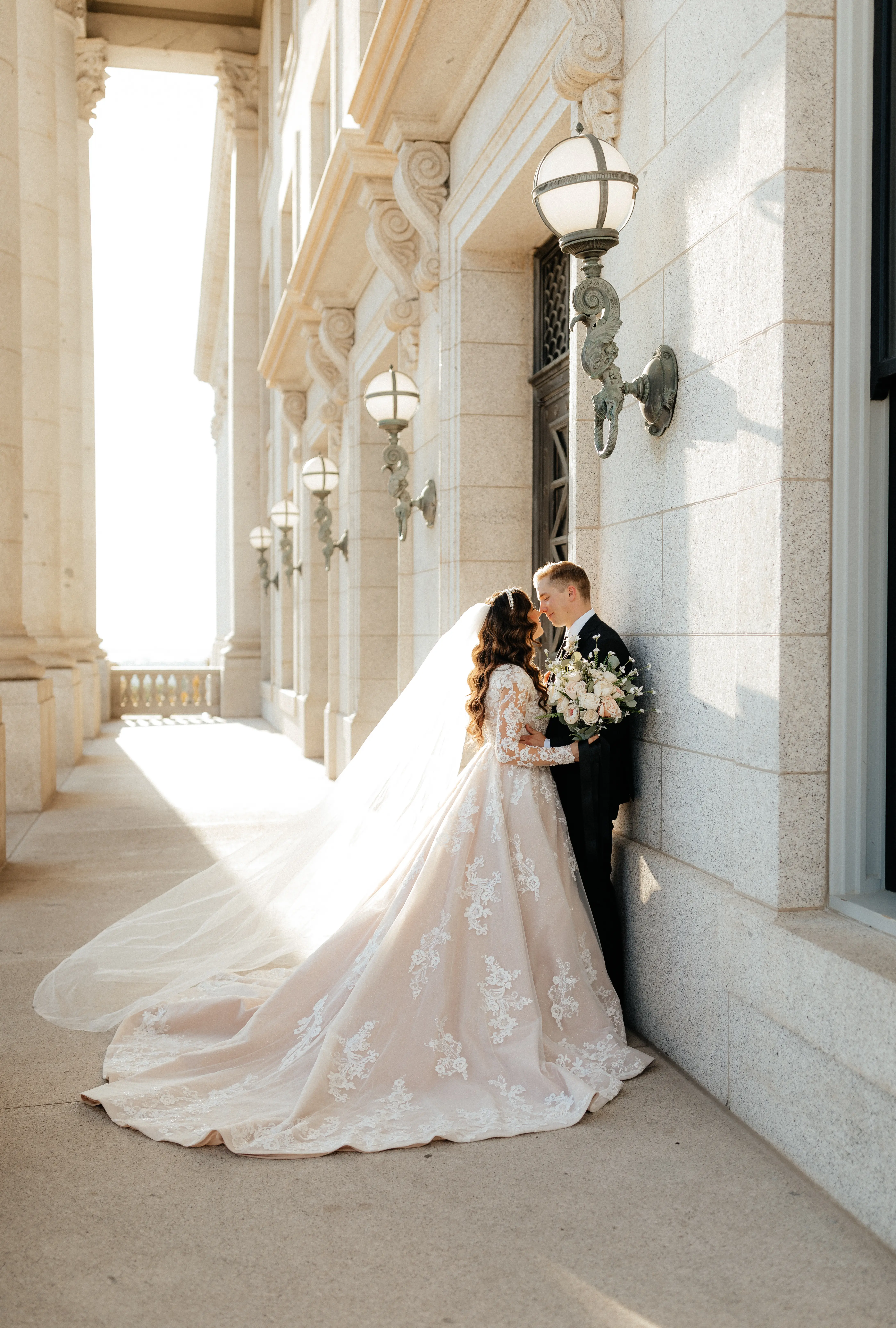 Real Bride in Long Sleeve Regal Ball Gown Wedding Dress in Sparkly Lace Called Norvinia Lynette by Sottero & Midgely