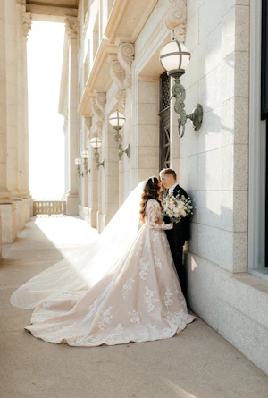 Real Bride in Long Sleeve Regal Ball Gown Wedding Dress in Sparkly Lace Called Norvinia Lynette by Sottero & Midgely