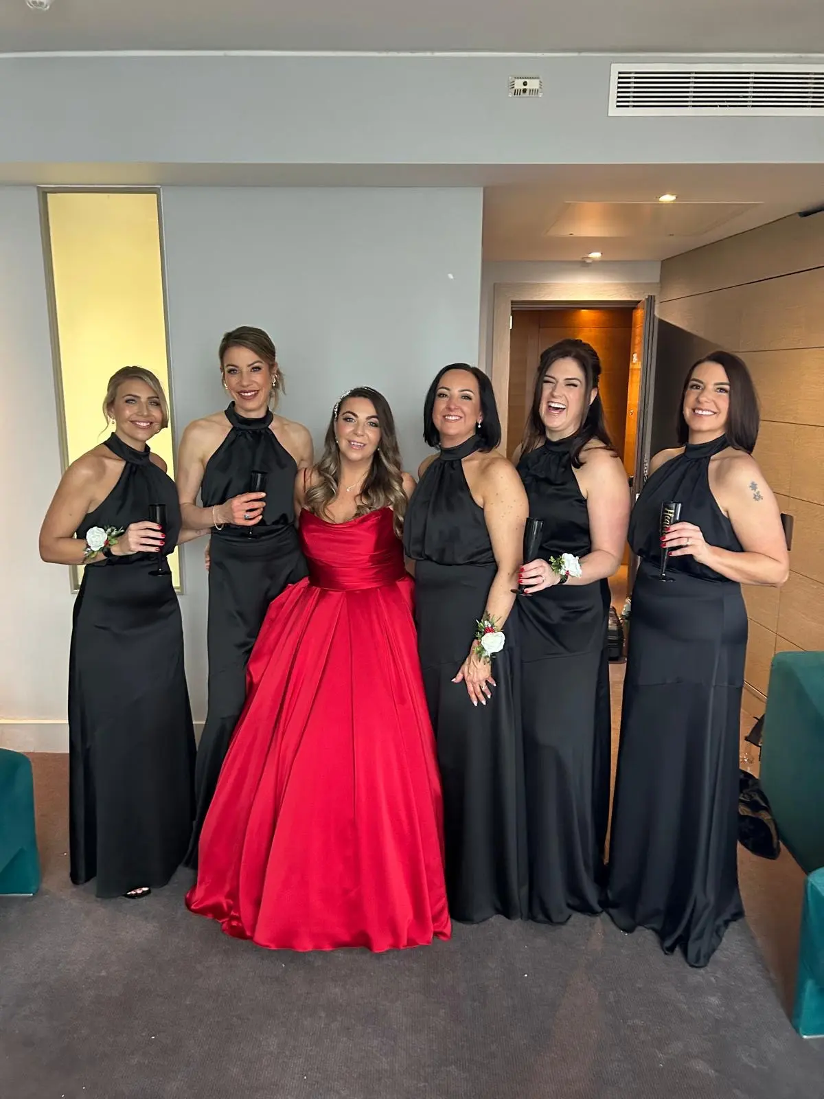 Bride Wearing Red Aline Wedding Dress Called Scarlet By Maggie Sottero With Bridesmaids